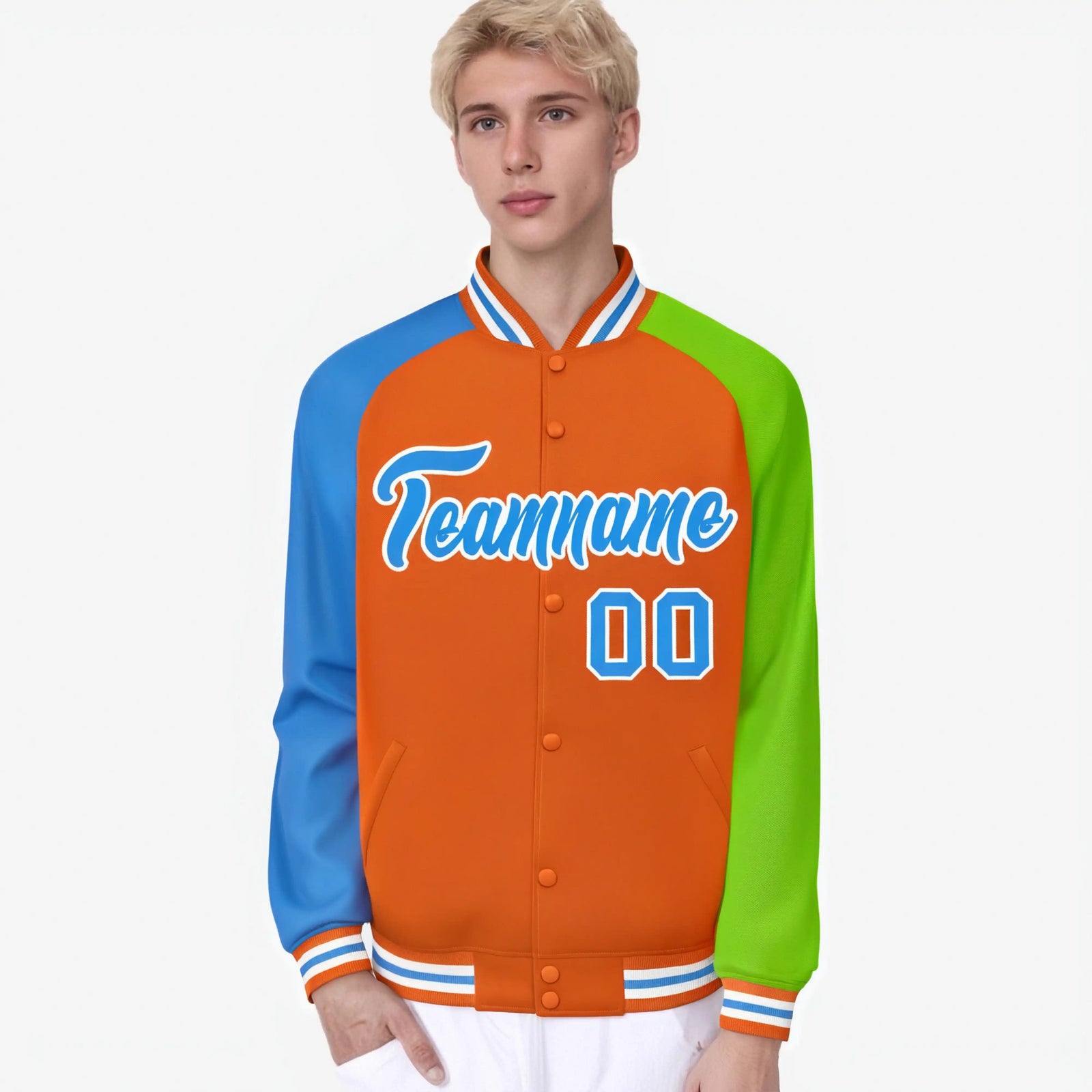 Custom Orange Neon Green-Powder Blue Raglan Sleeves Varsity Full-Snap Letterman Jacket