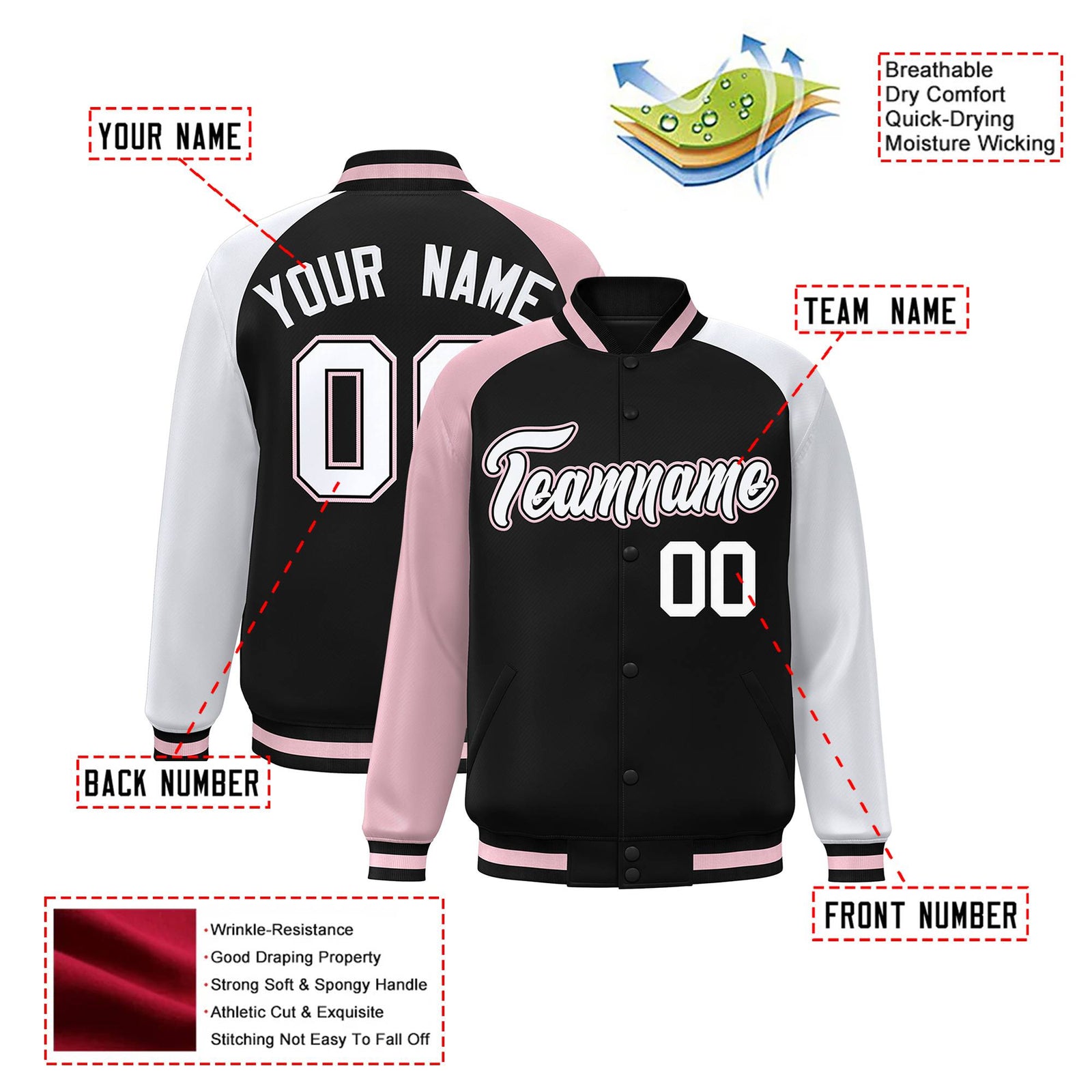 Custom Black White-Pink Raglan Sleeves Varsity Full-Snap Letterman Jacket