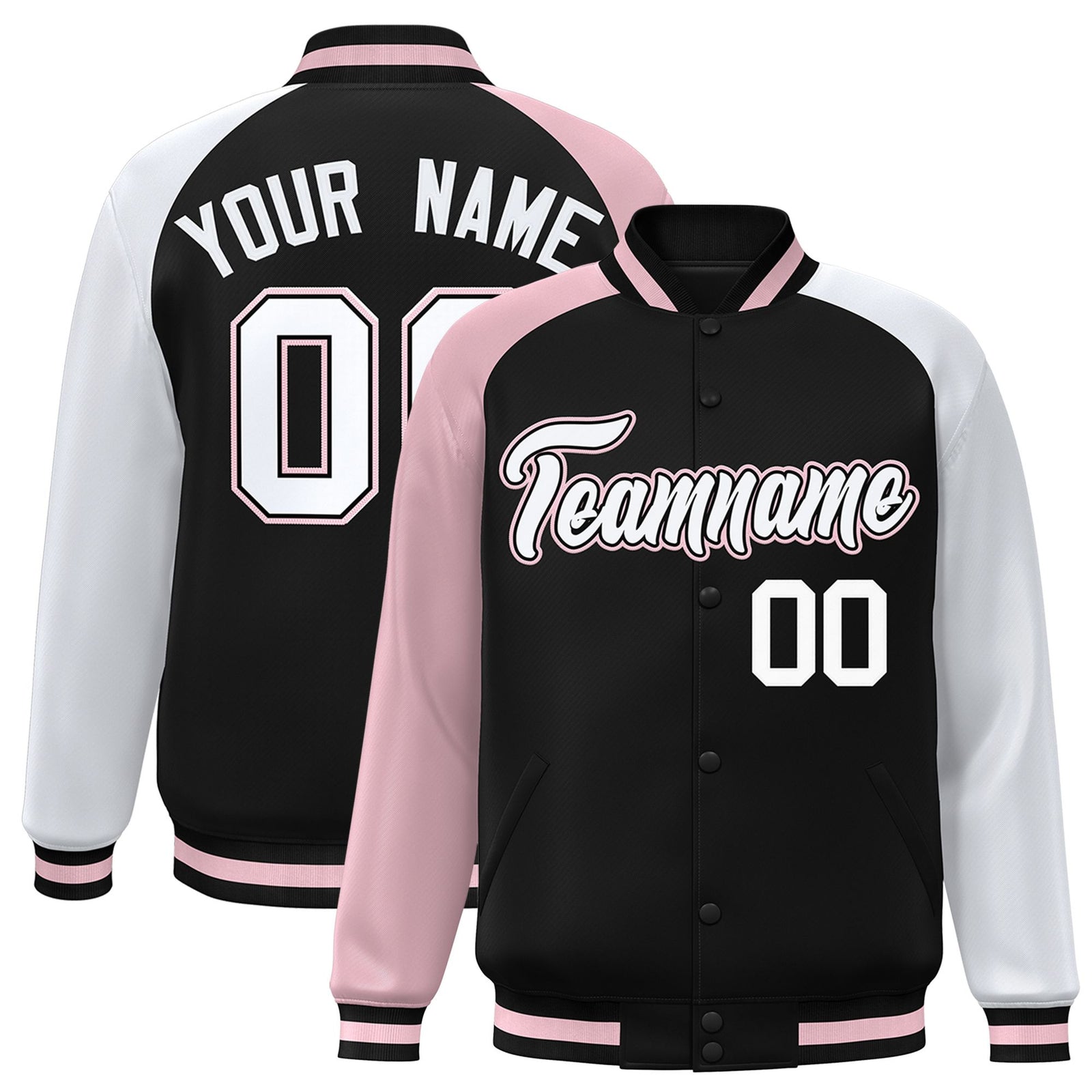 Custom Black White-Pink Raglan Sleeves Varsity Full-Snap Letterman Jacket