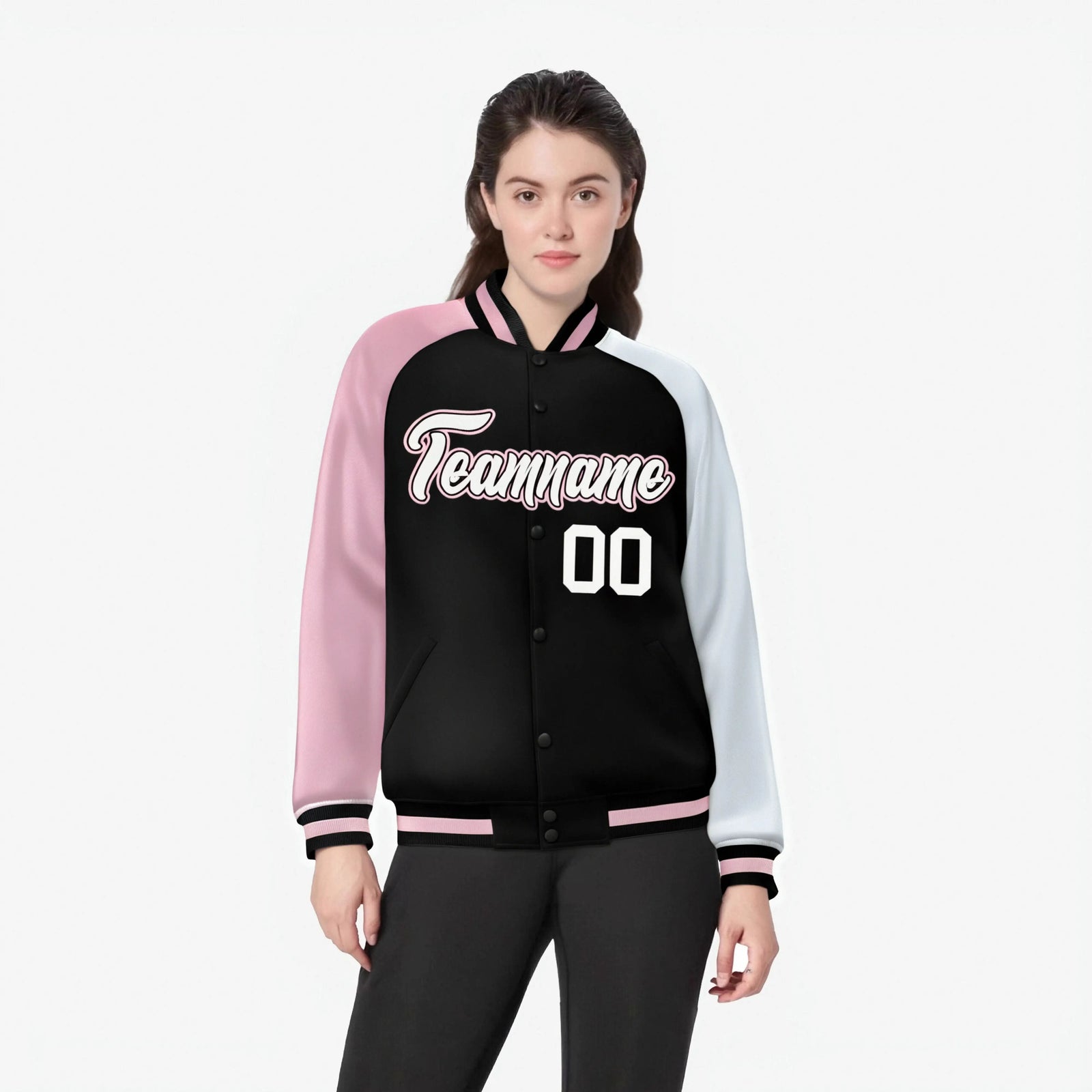 Custom Black White-Pink Raglan Sleeves Varsity Full-Snap Letterman Jacket