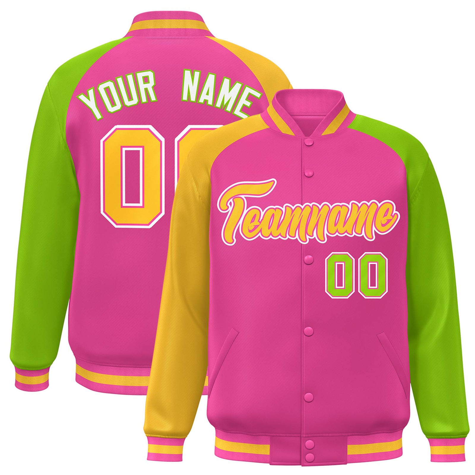 Custom Pink Neon Green-Gold Raglan Sleeves Varsity Full-Snap Letterman Jacket