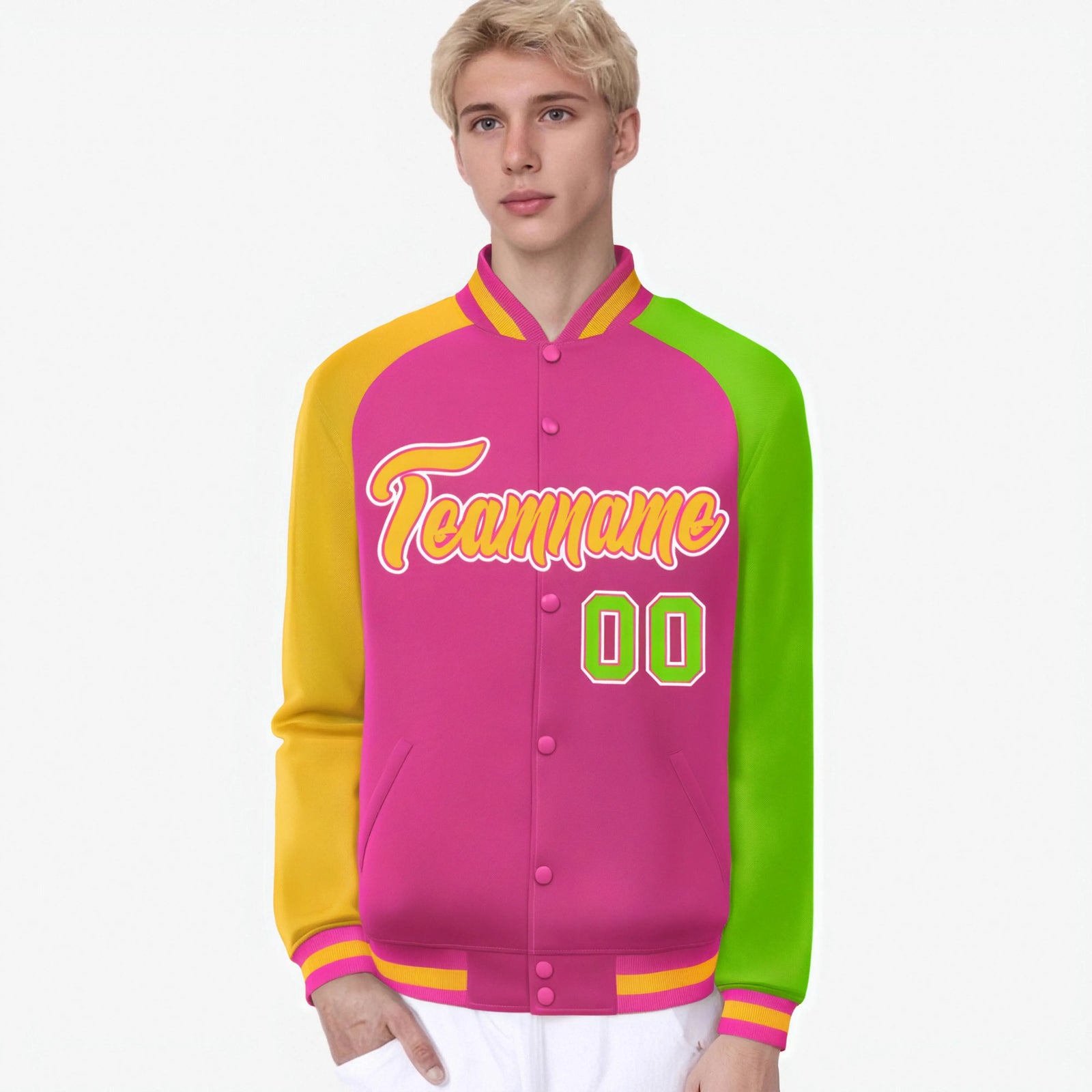 Custom Pink Neon Green-Gold Raglan Sleeves Varsity Full-Snap Letterman Jacket