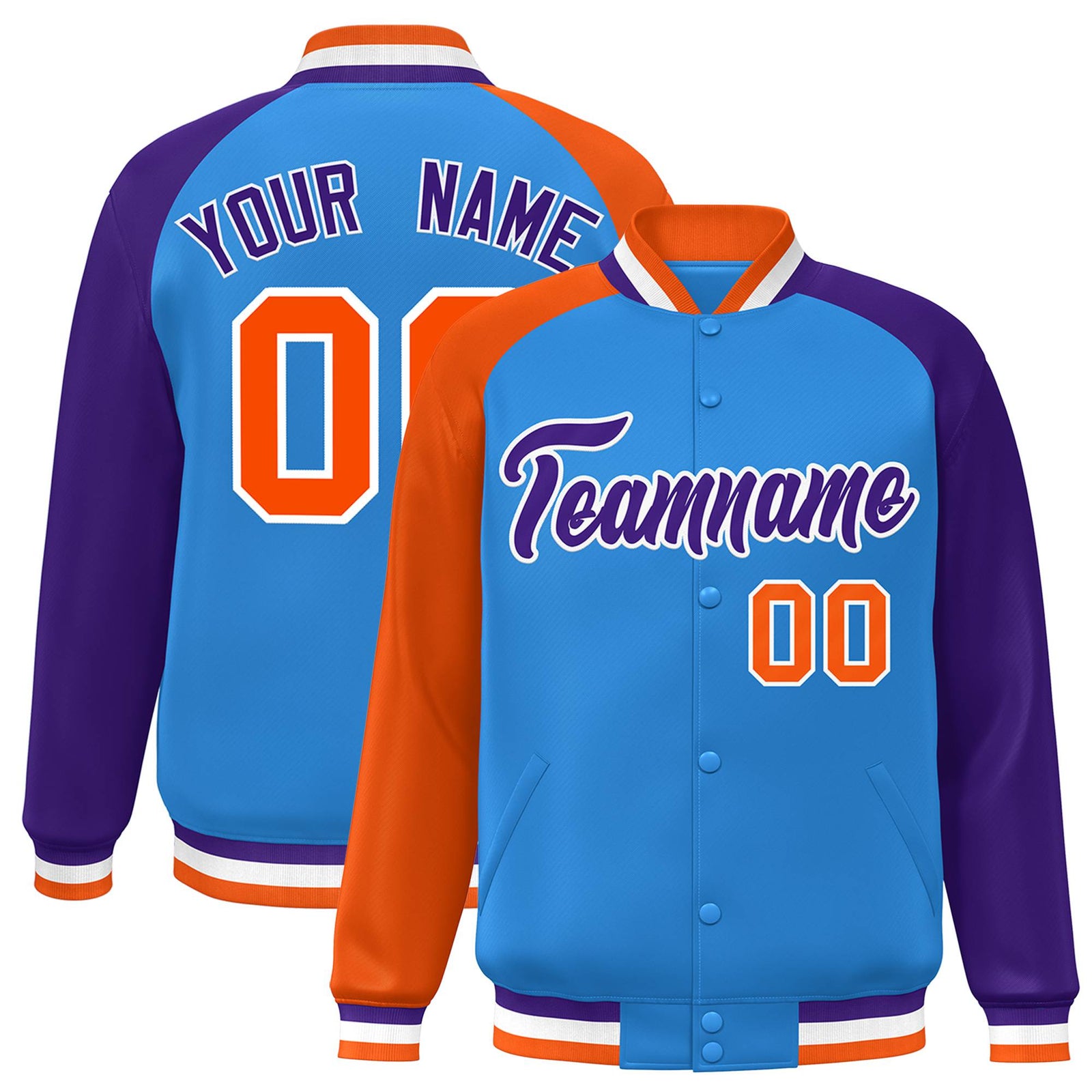 Custom Powder Blue Purple-Orange Raglan Sleeves Varsity Full-Snap Letterman Jacket
