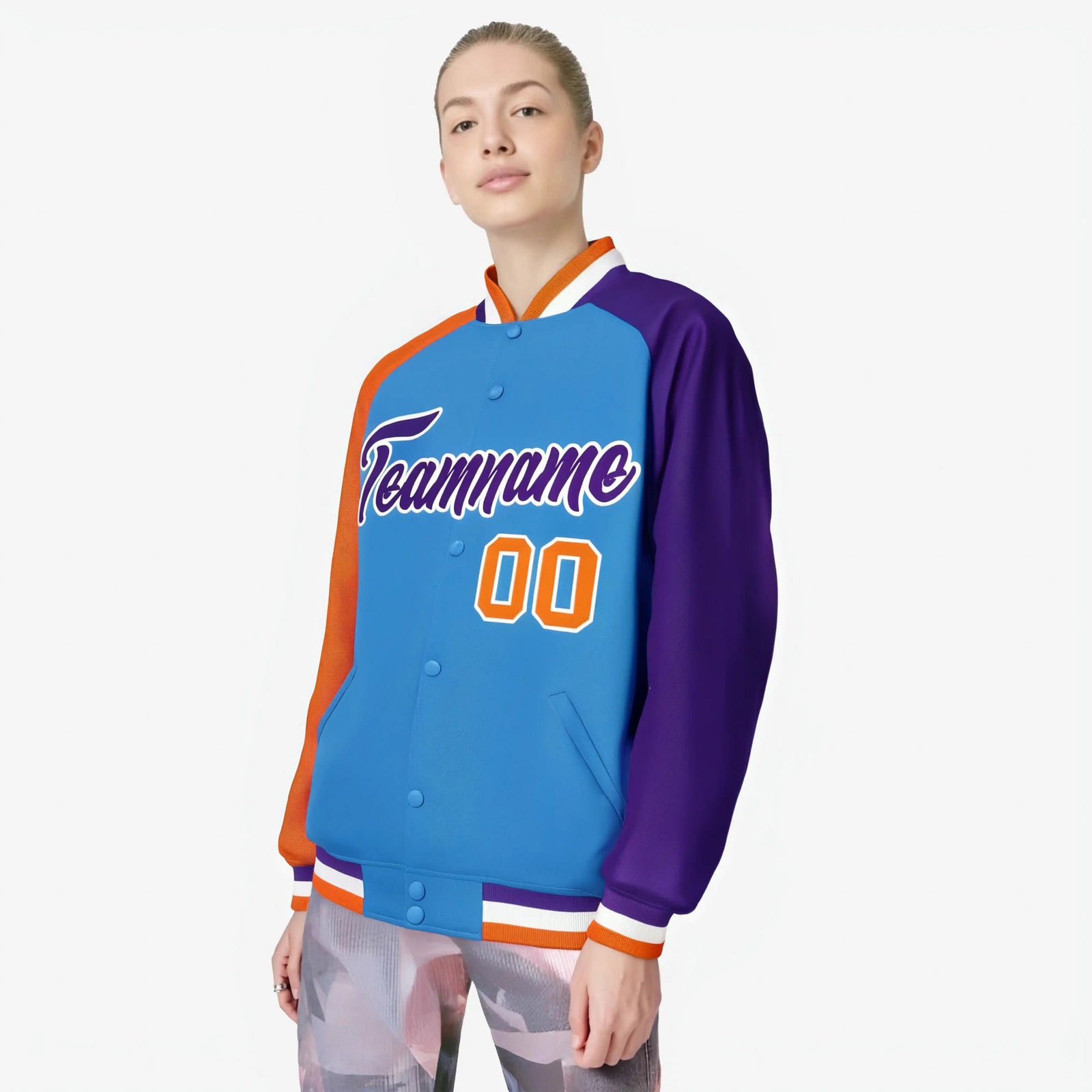 Custom Powder Blue Purple-Orange Raglan Sleeves Varsity Full-Snap Letterman Jacket