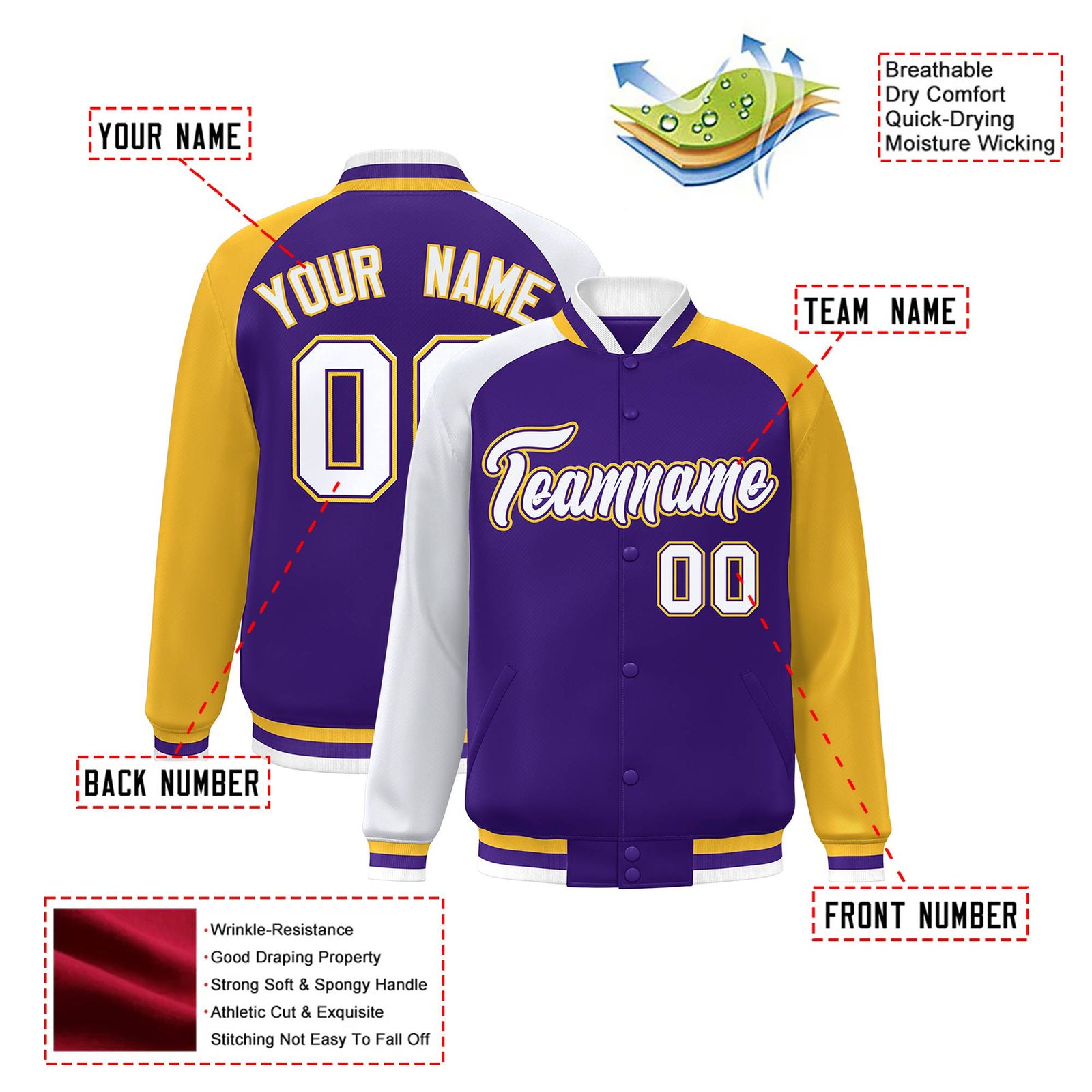 Custom Purple Gold-White Raglan Sleeves Varsity Full-Snap Letterman Jacket