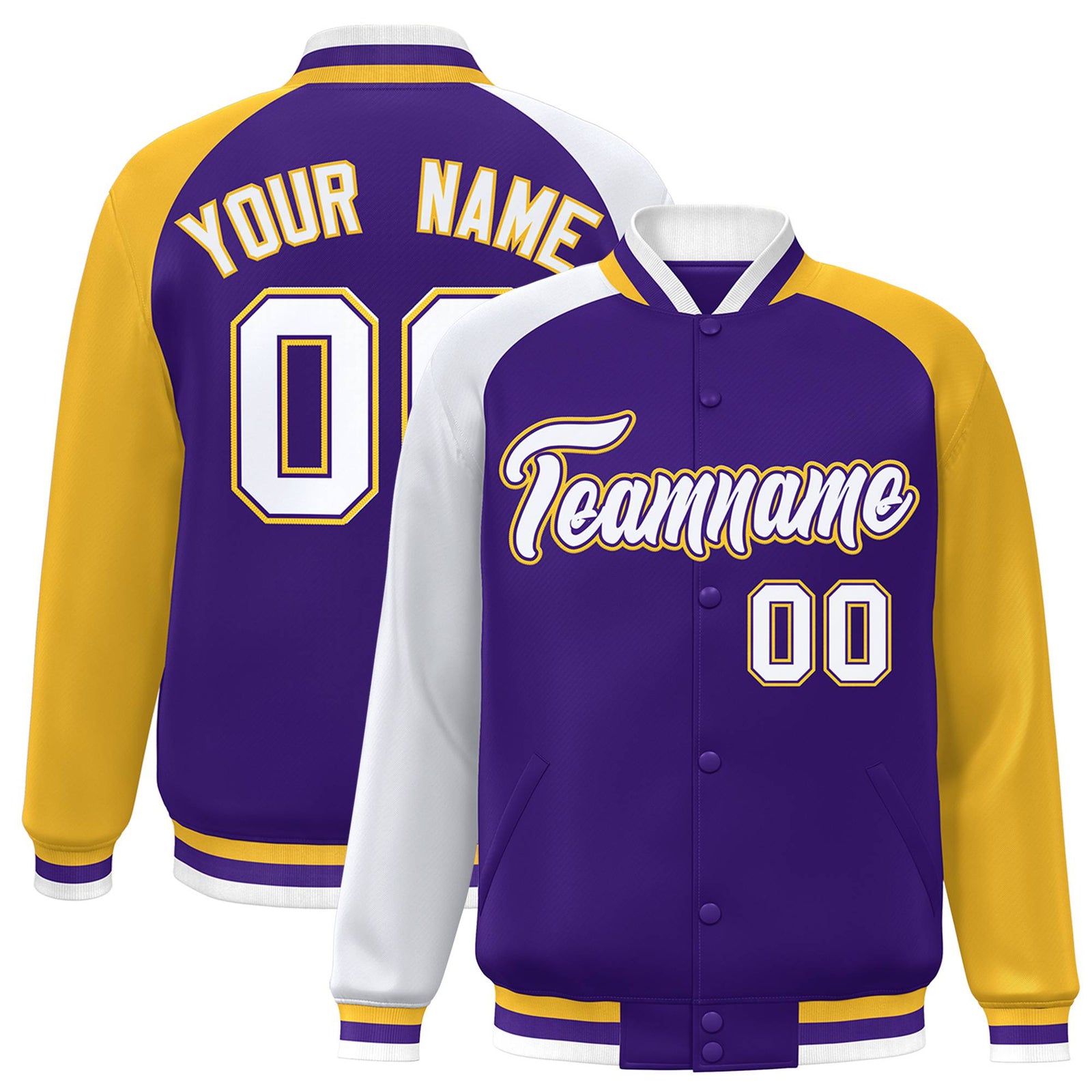Custom Purple Gold-White Raglan Sleeves Varsity Full-Snap Letterman Jacket