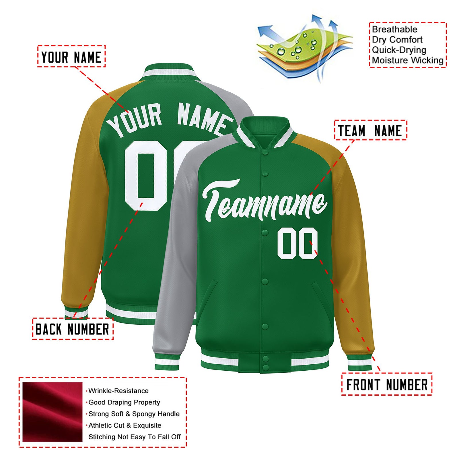 Custom Kelly Green Old Gold-Gray Raglan Sleeves Varsity Full-Snap Letterman Jacket