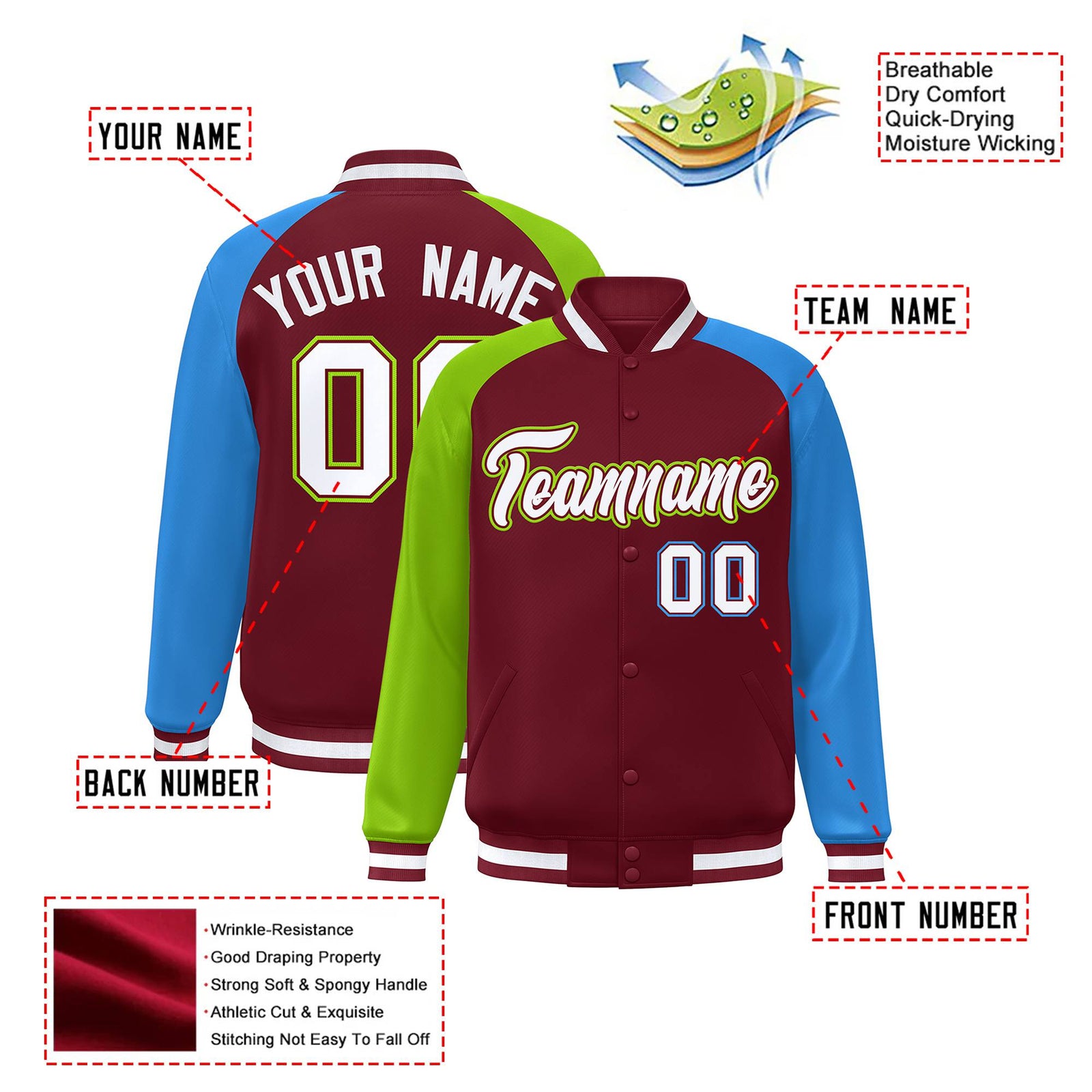Custom Crimson Neon Green-Powder Blue Raglan Sleeves Varsity Full-Snap Letterman Jacket