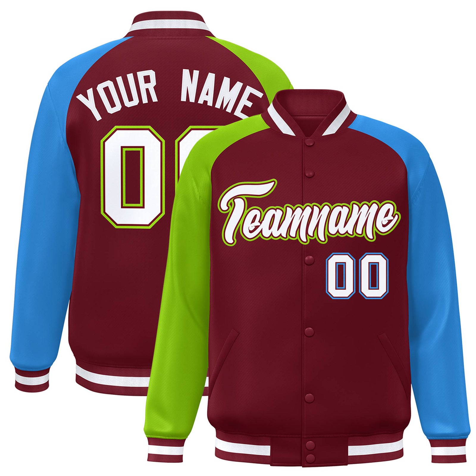 Custom Crimson Neon Green-Powder Blue Raglan Sleeves Varsity Full-Snap Letterman Jacket