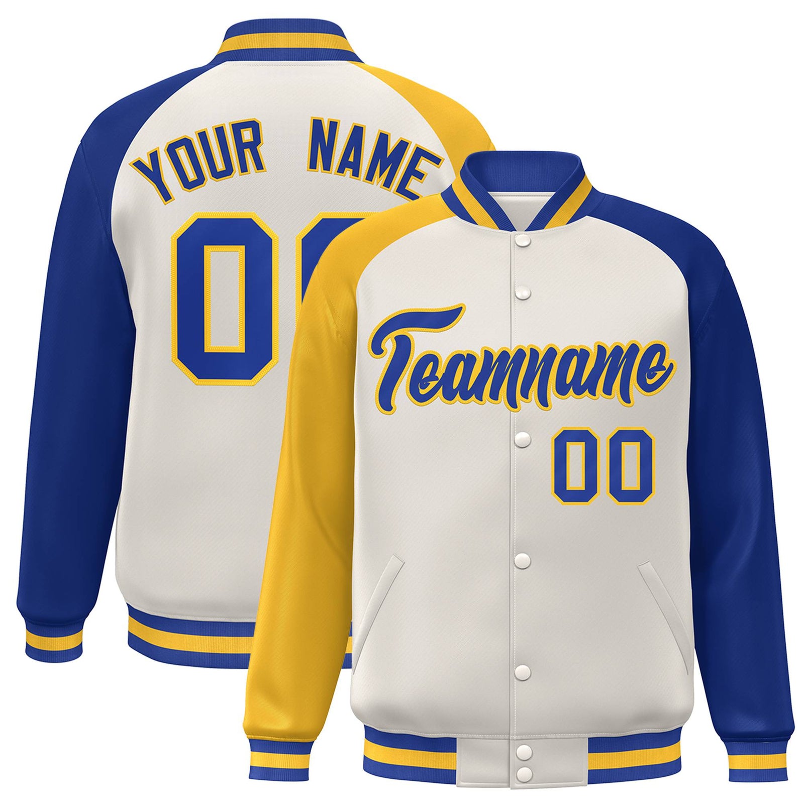 Custom Cream Royal Blue-Gold Raglan Sleeves Varsity Full-Snap Letterman Jacket