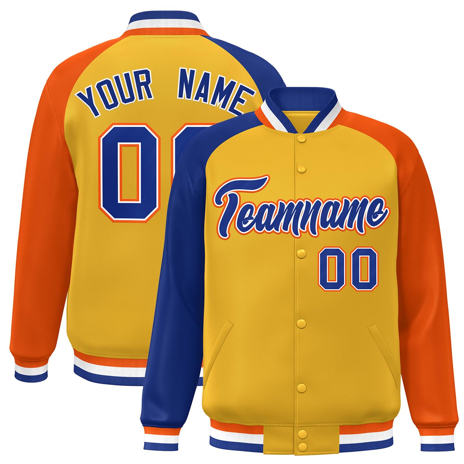 Custom Gold Orange-Royal Blue Raglan Sleeves Varsity Full-Snap Letterman Jacket