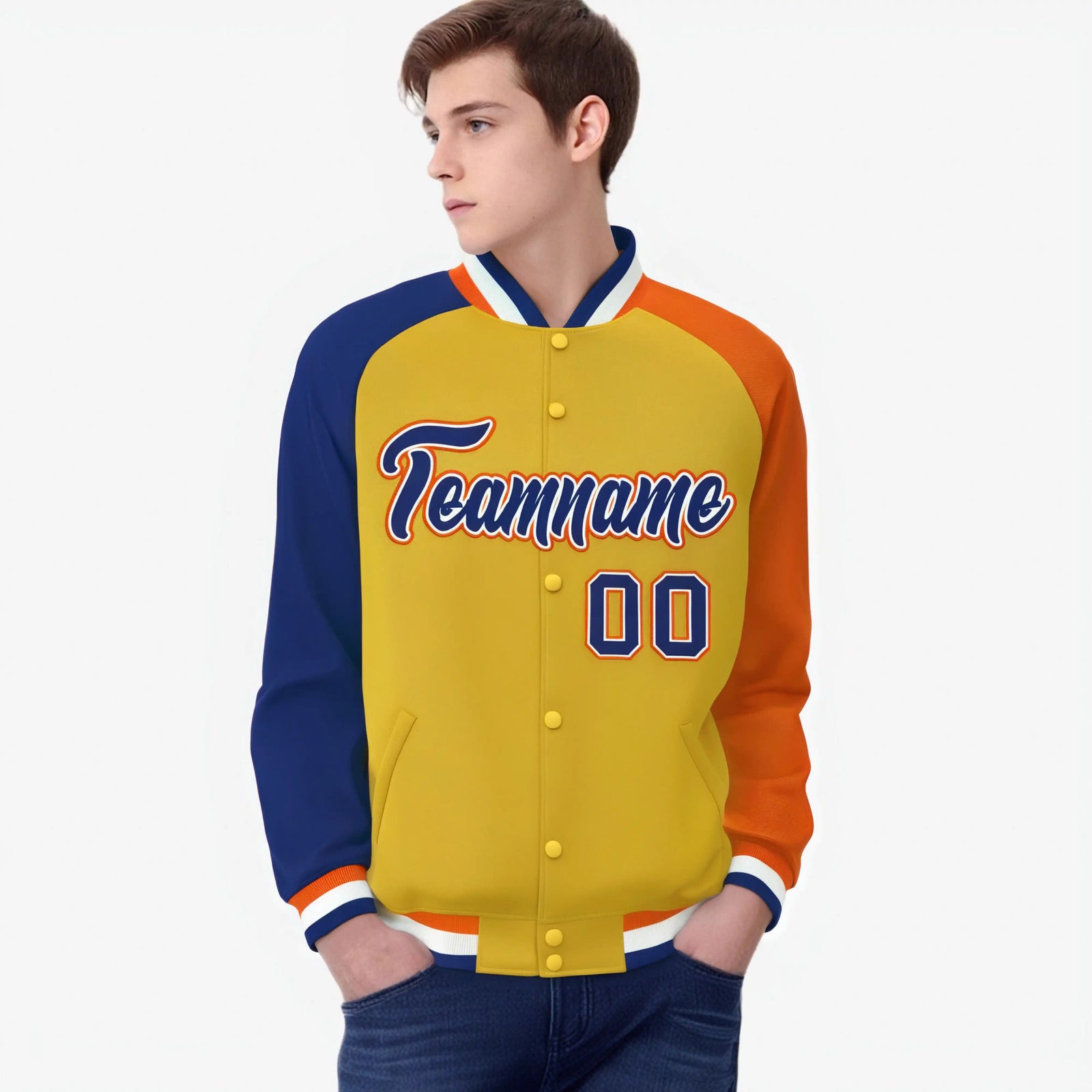 Custom Gold Orange-Royal Blue Raglan Sleeves Varsity Full-Snap Letterman Jacket