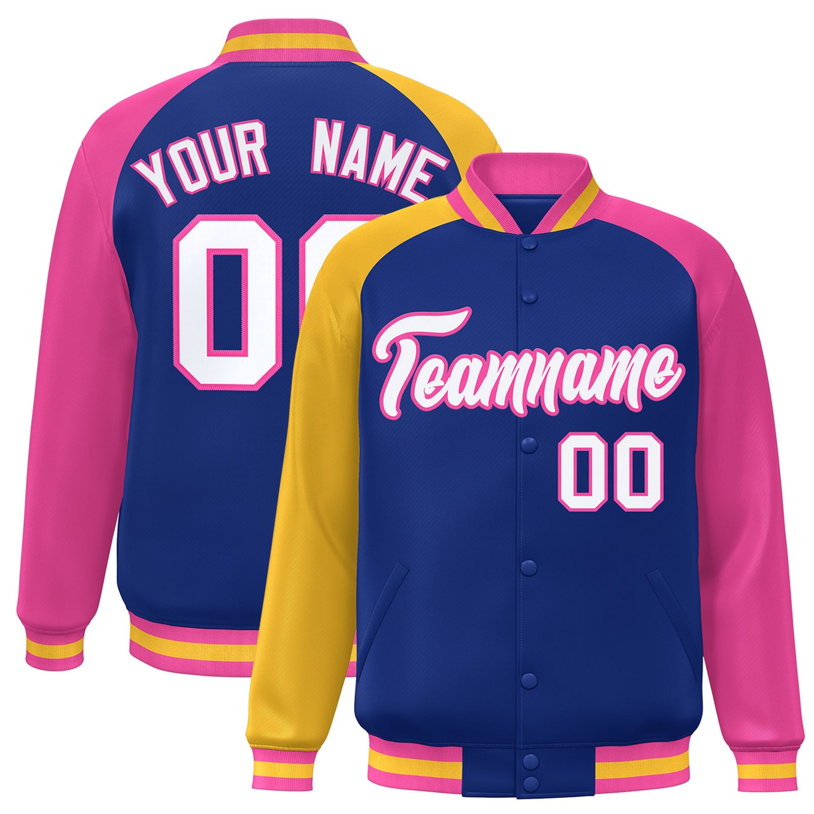 Custom Royal Blue Pink-Gold Raglan Sleeves Varsity Full-Snap Letterman Jacket