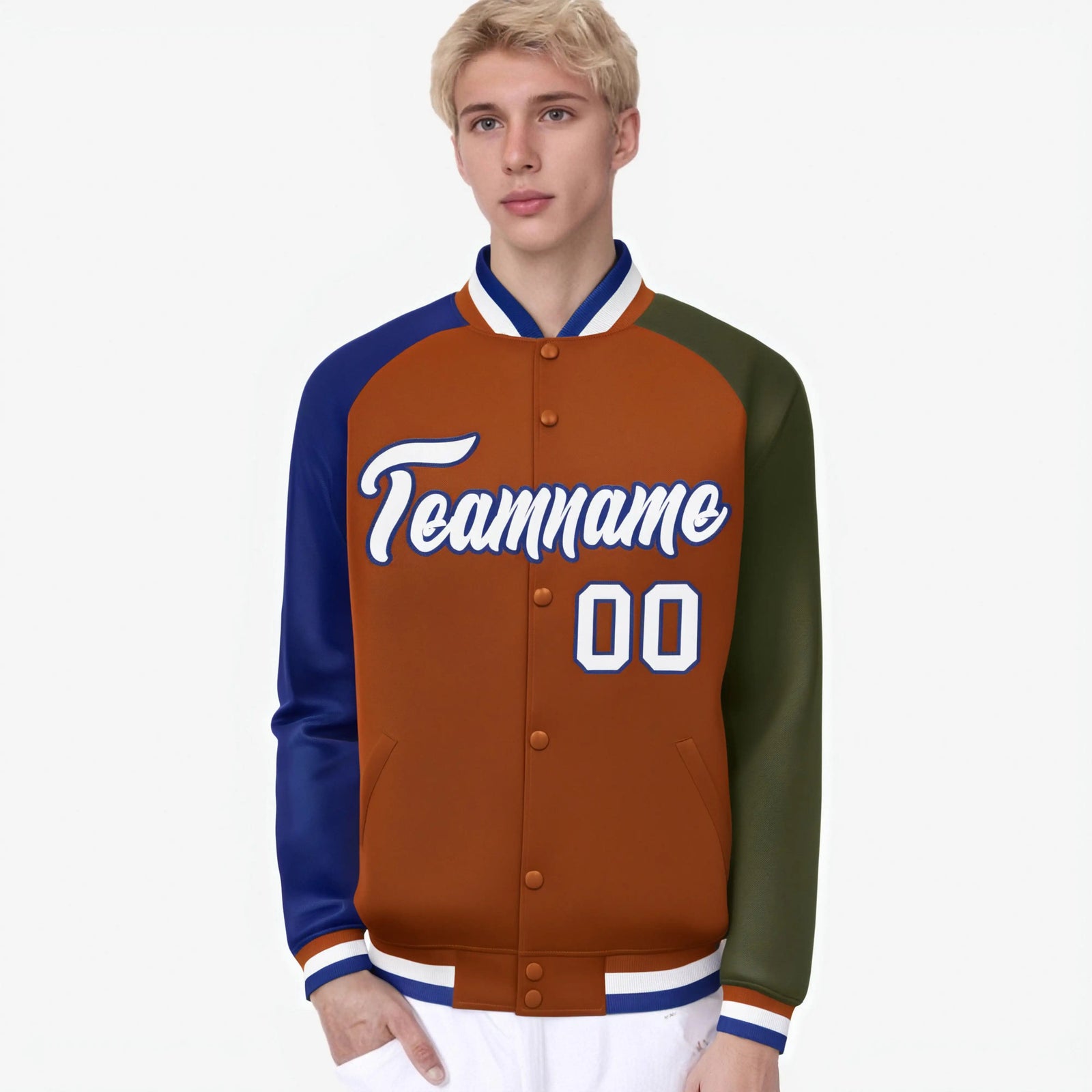 Custom Munsell Olive-Royal Blue Raglan Sleeves Varsity Full-Snap Letterman Jacket