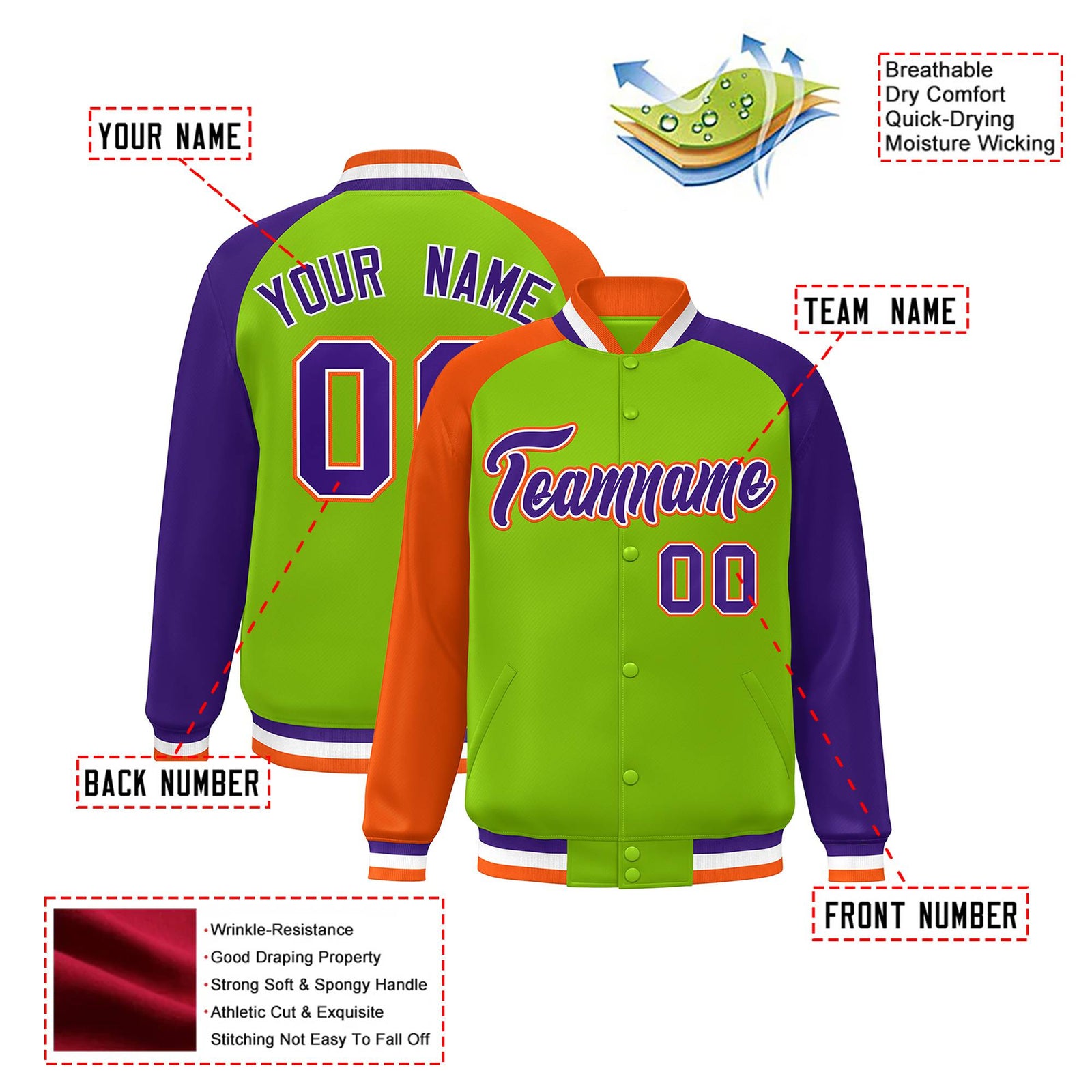 Custom Neon Green Purple-Orange Raglan Sleeves Varsity Full-Snap Letterman Jacket