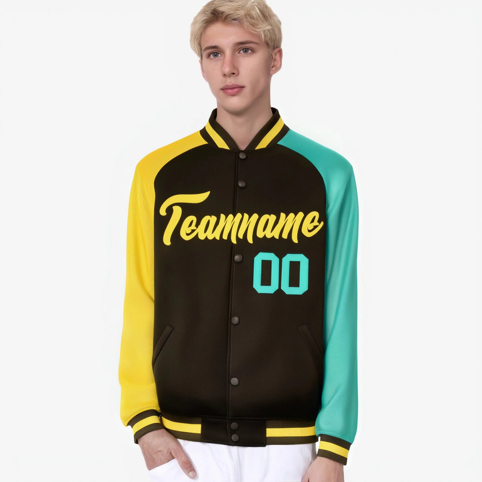 Custom Brown Olive-Gold Raglan Sleeves Varsity Full-Snap Letterman Jacket