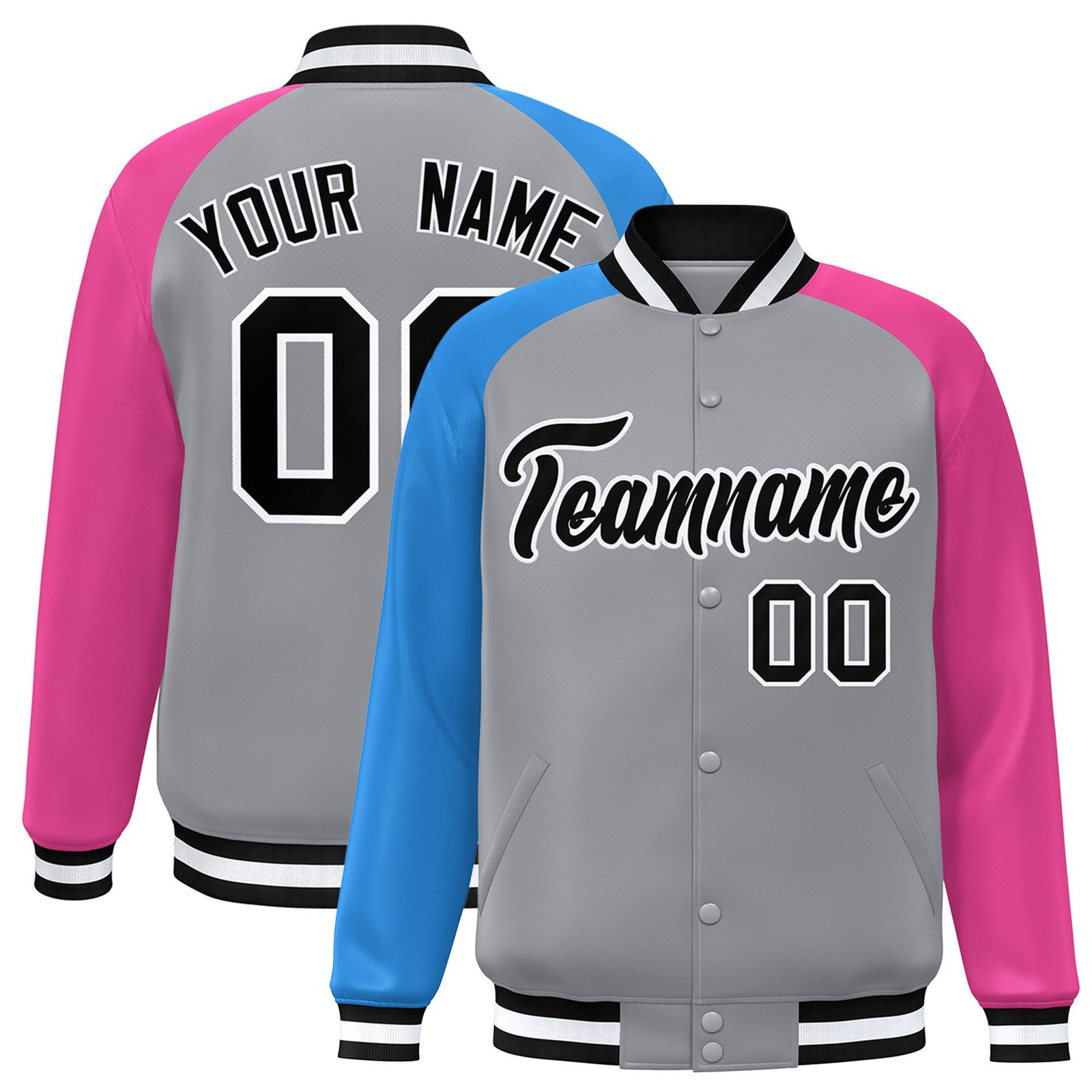 Custom Gray Pink-Powder Blue Raglan Sleeves Varsity Full-Snap Letterman Jacket
