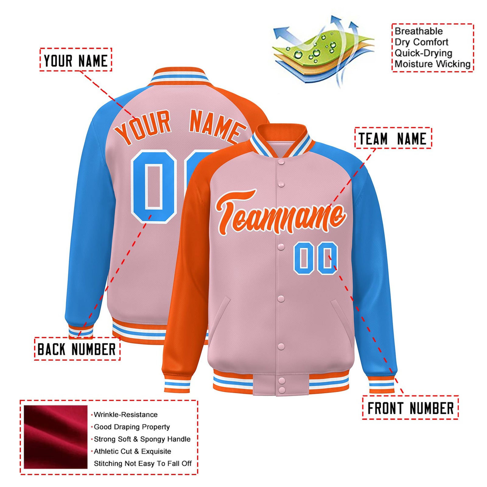 Custom Light Pink Powder Blue-Orange Raglan Sleeves Varsity Full-Snap Letterman Jacket
