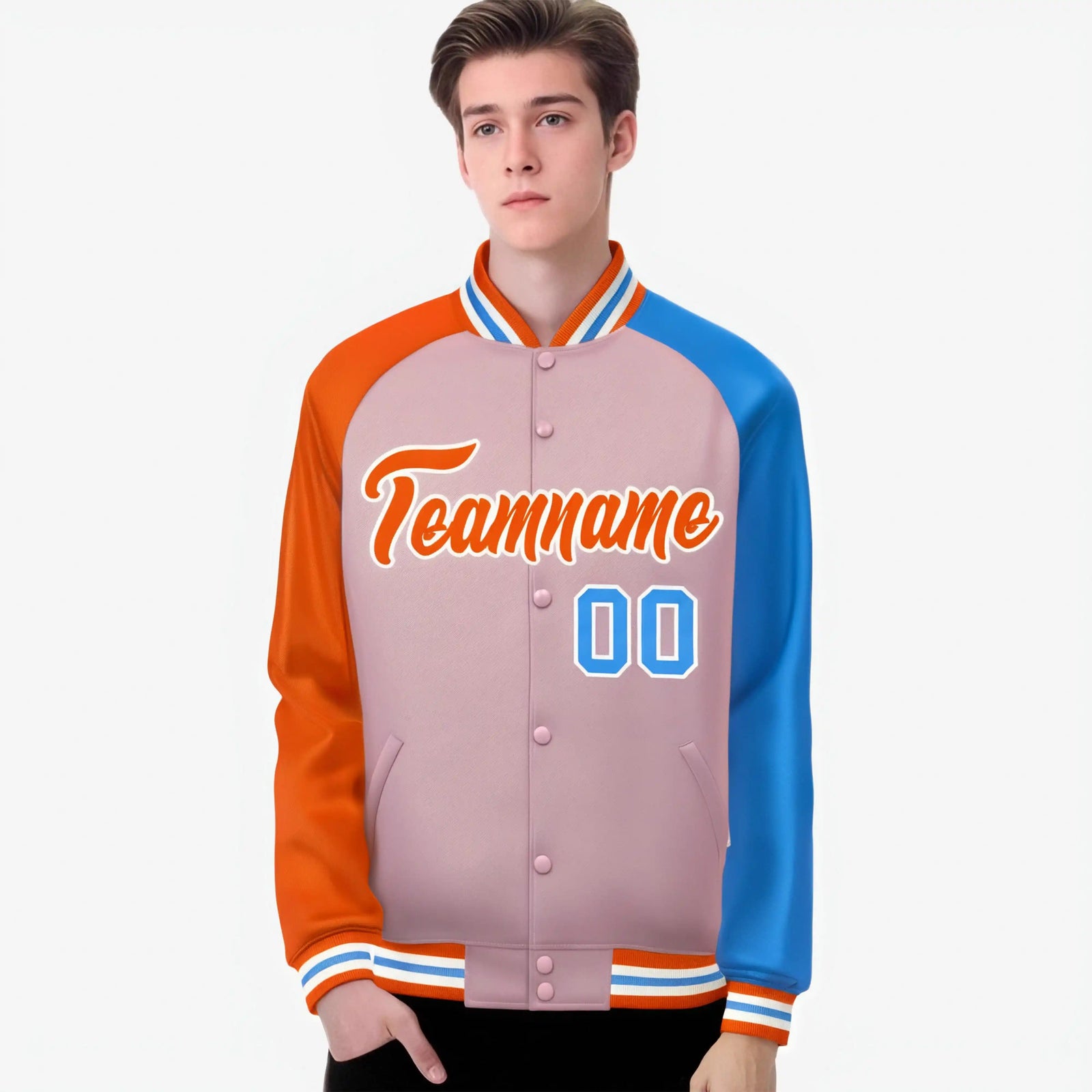 Custom Light Pink Powder Blue-Orange Raglan Sleeves Varsity Full-Snap Letterman Jacket