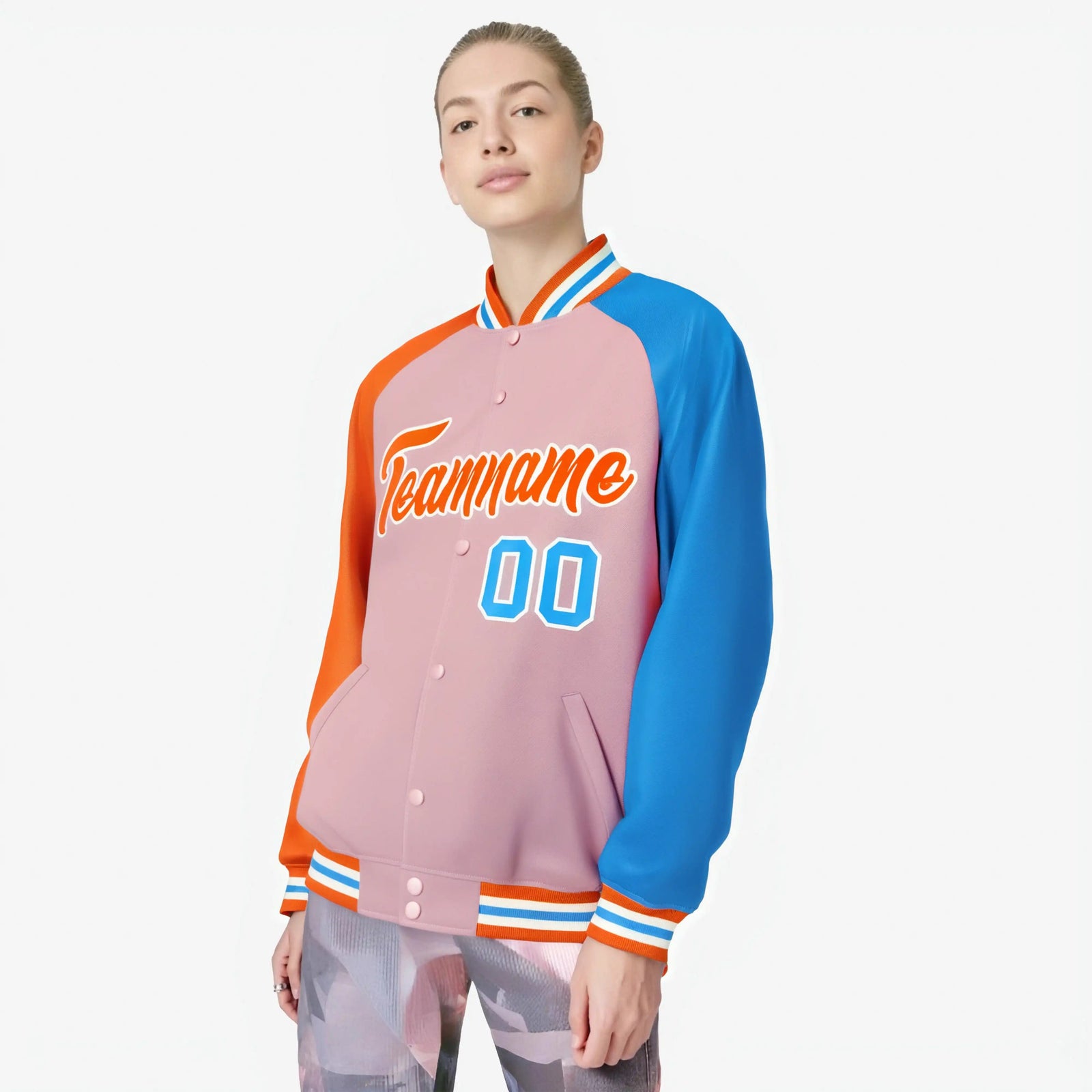 Custom Light Pink Powder Blue-Orange Raglan Sleeves Varsity Full-Snap Letterman Jacket