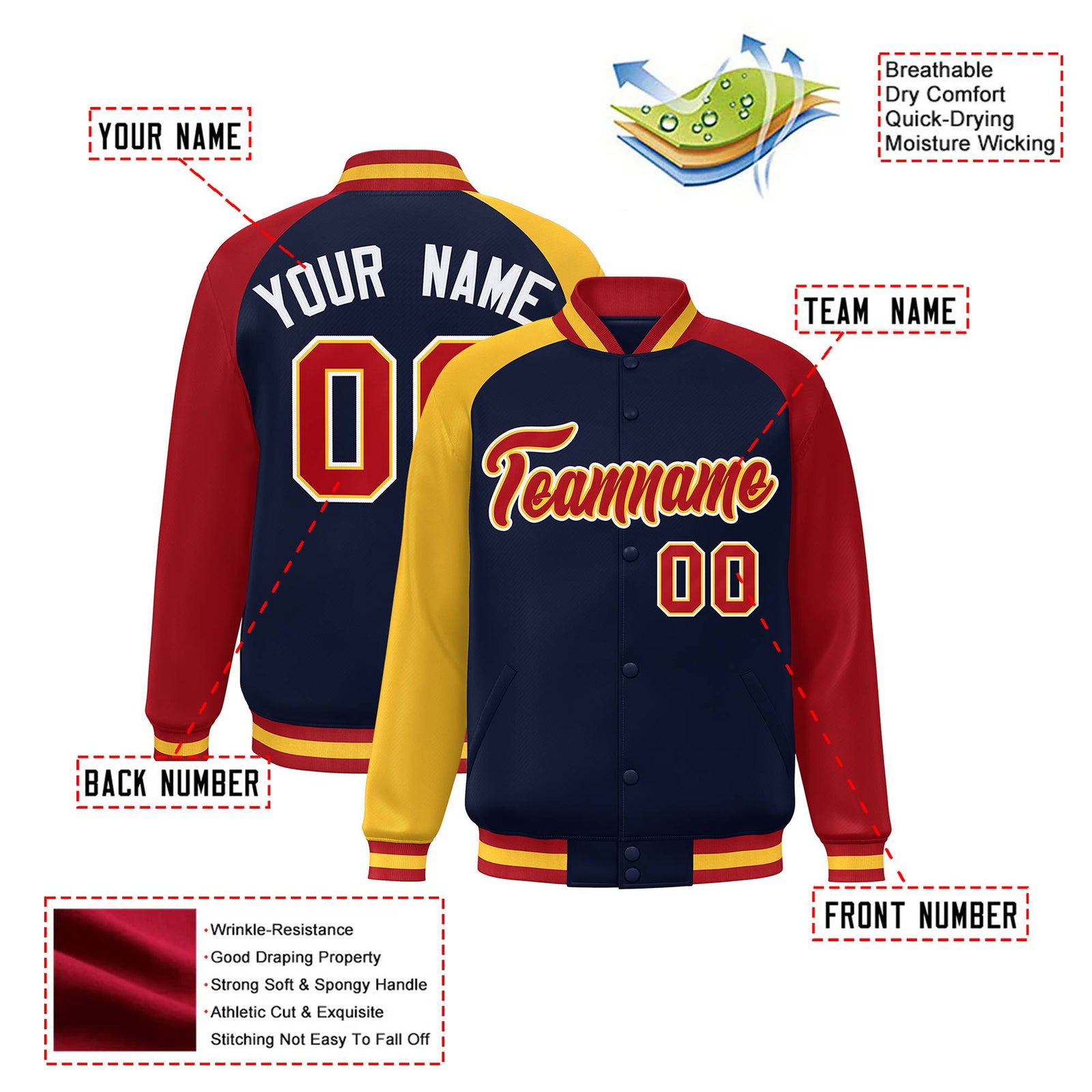 Custom Navy Red-Gold Raglan Sleeves Varsity Full-Snap Letterman Jacket