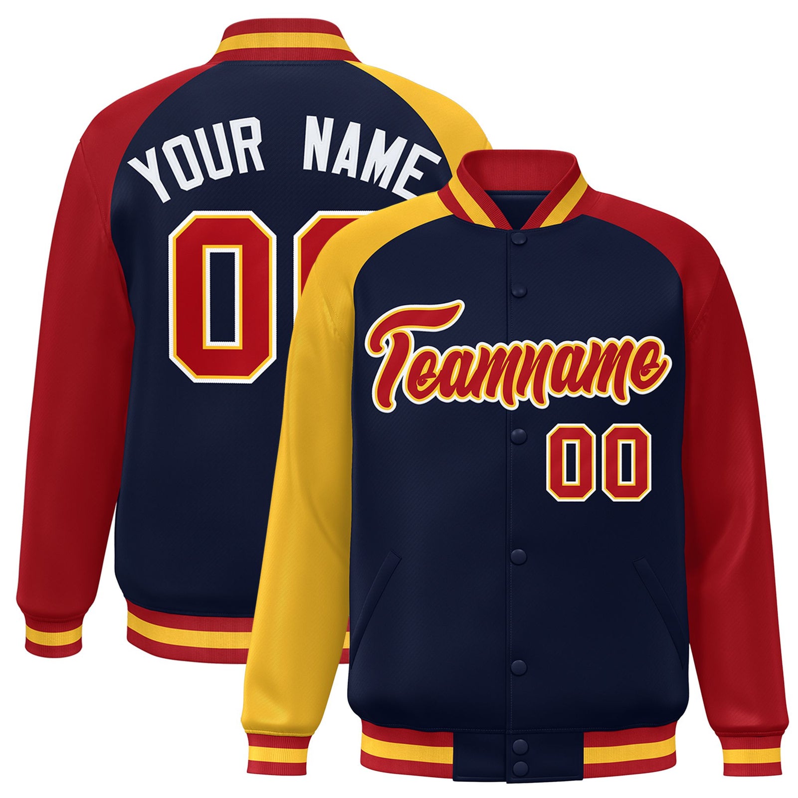 Custom Navy Red-Gold Raglan Sleeves Varsity Full-Snap Letterman Jacket