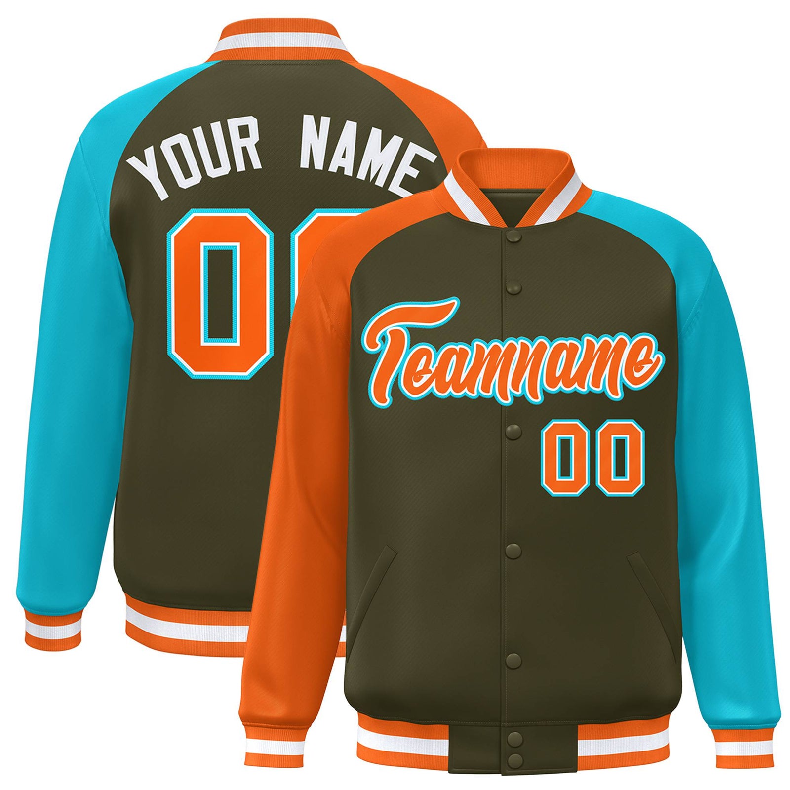 Custom Olive Aqua-Orange Raglan Sleeves Varsity Full-Snap Letterman Jacket