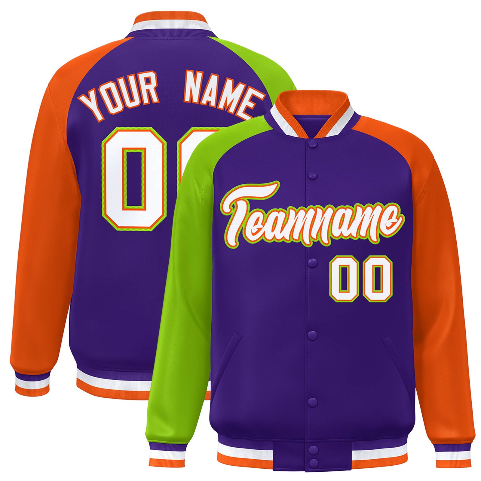 Custom Purple Orange-Neon Green Raglan Sleeves Varsity Full-Snap Letterman Jacket