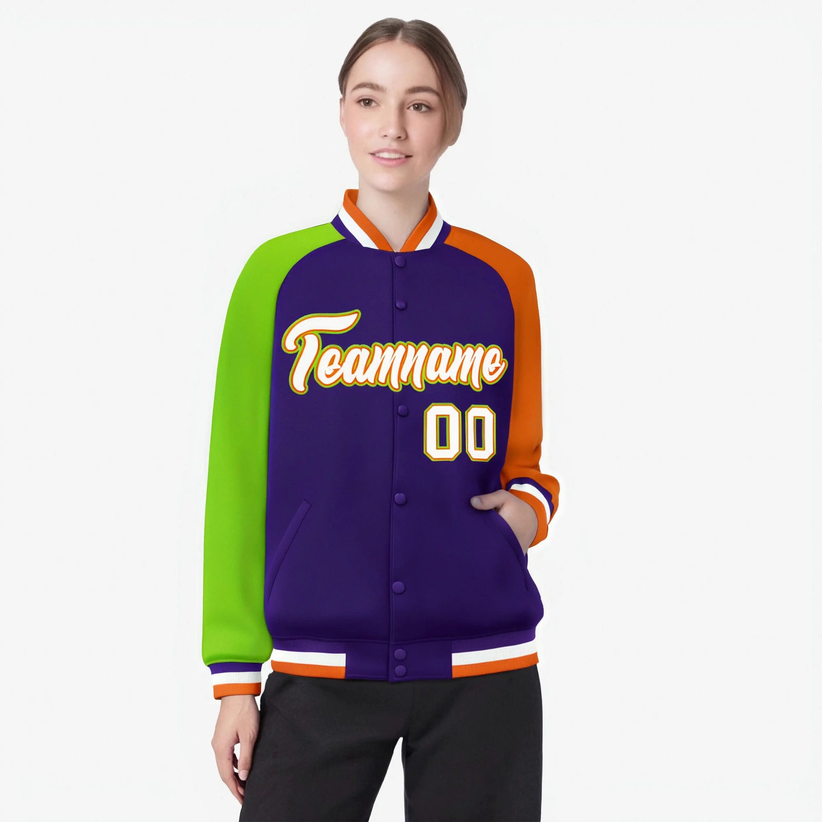 Custom Purple Orange-Neon Green Raglan Sleeves Varsity Full-Snap Letterman Jacket