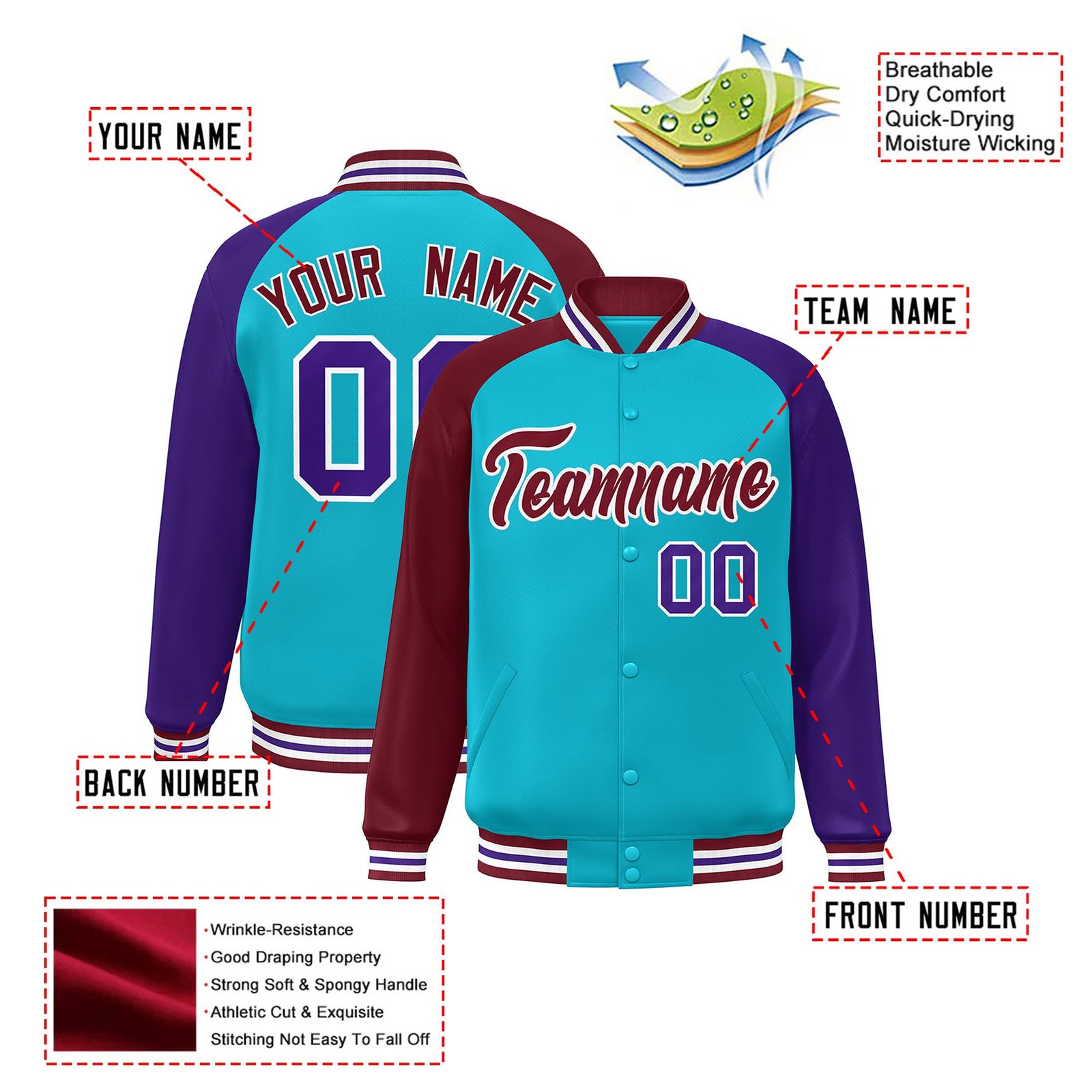 Custom Aqua Crimson-Purple Raglan Sleeves Varsity Full-Snap Letterman Jacket