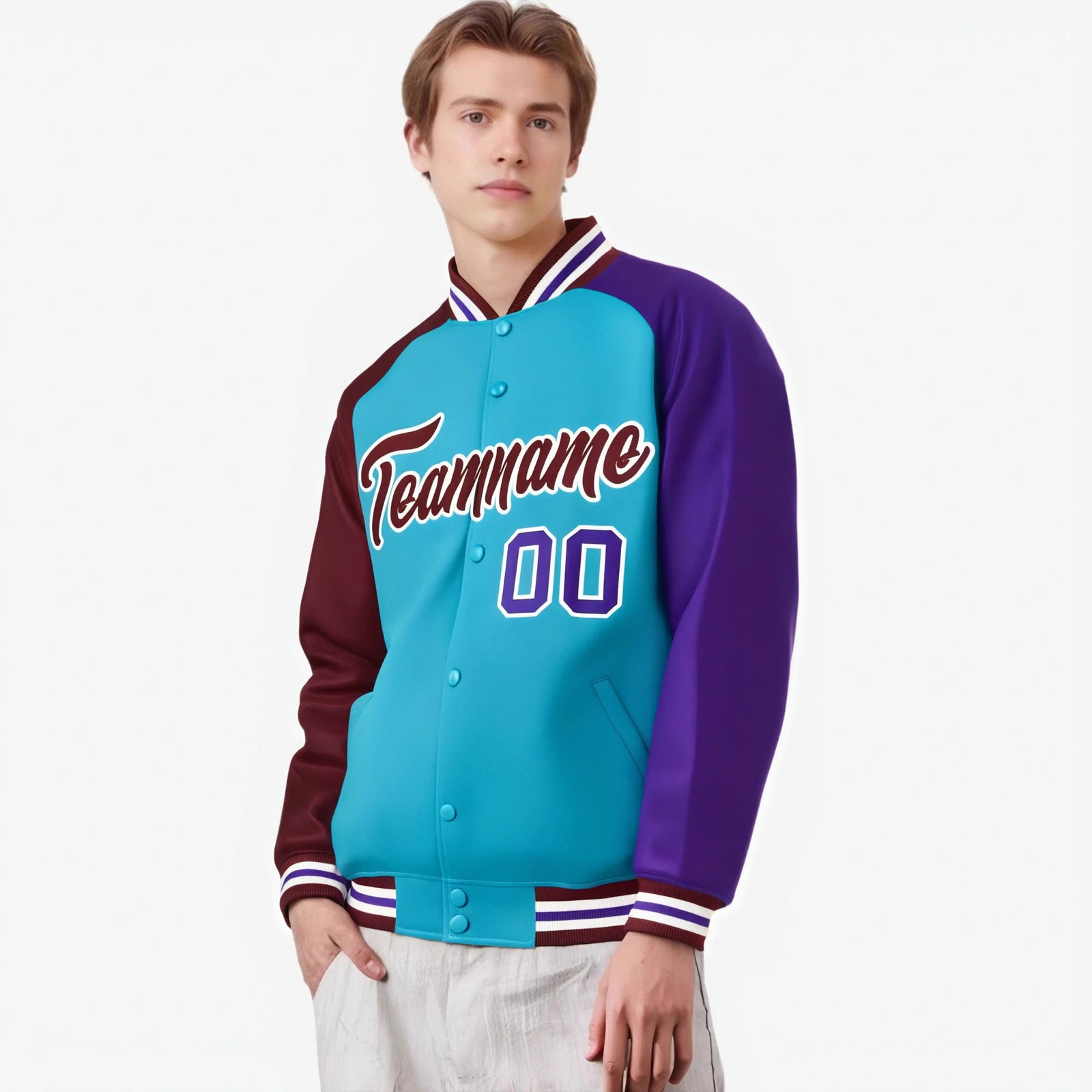 Custom Aqua Crimson-Purple Raglan Sleeves Varsity Full-Snap Letterman Jacket