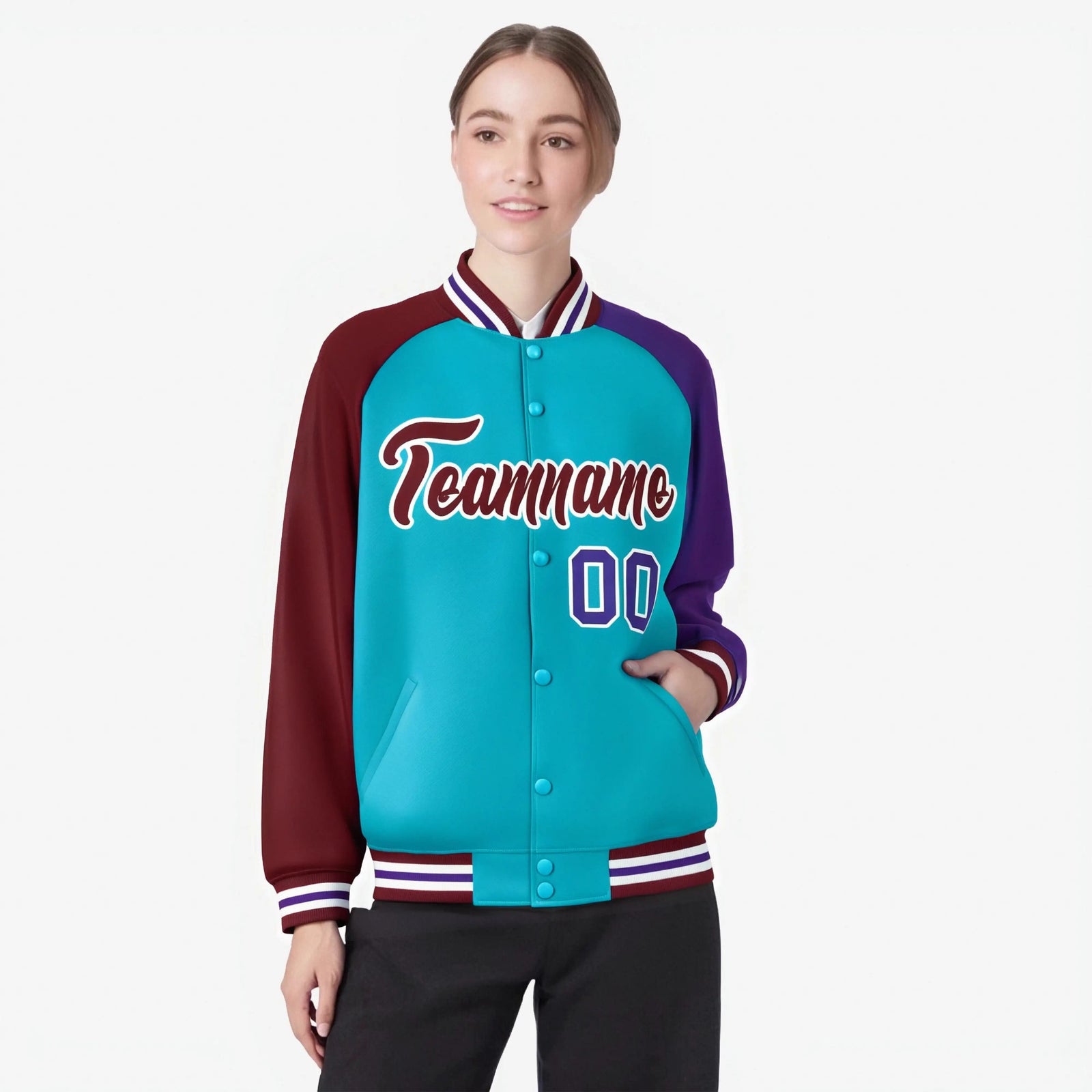 Custom Aqua Crimson-Purple Raglan Sleeves Varsity Full-Snap Letterman Jacket