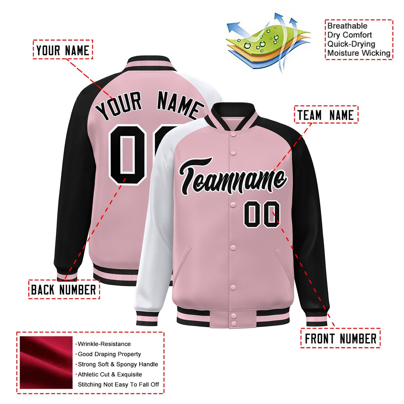 Custom Pink Black-White Raglan Sleeves Varsity Full-Snap Letterman Jacket