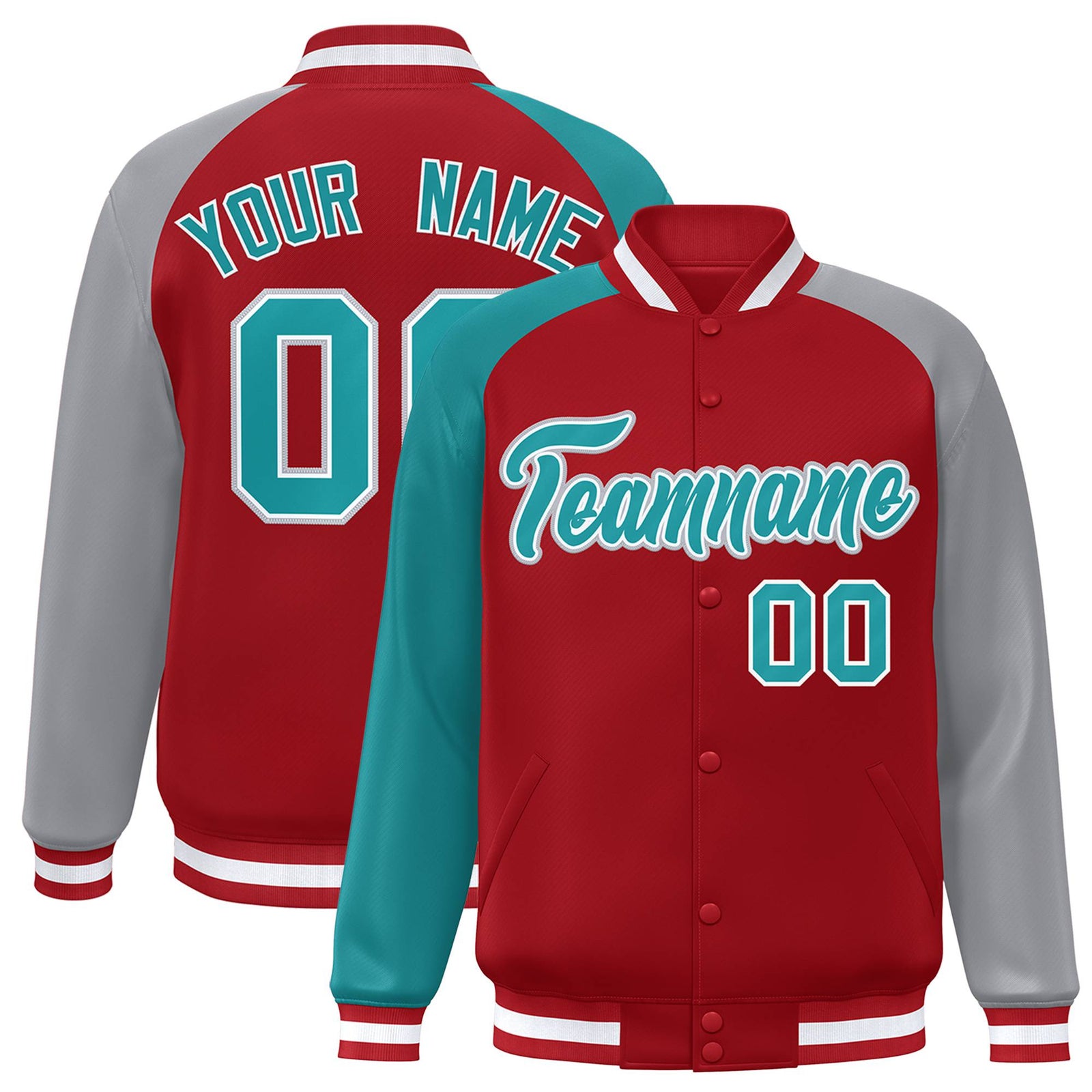 Custom Red Gray-Aqua Raglan Sleeves Varsity Full-Snap Letterman Jacket