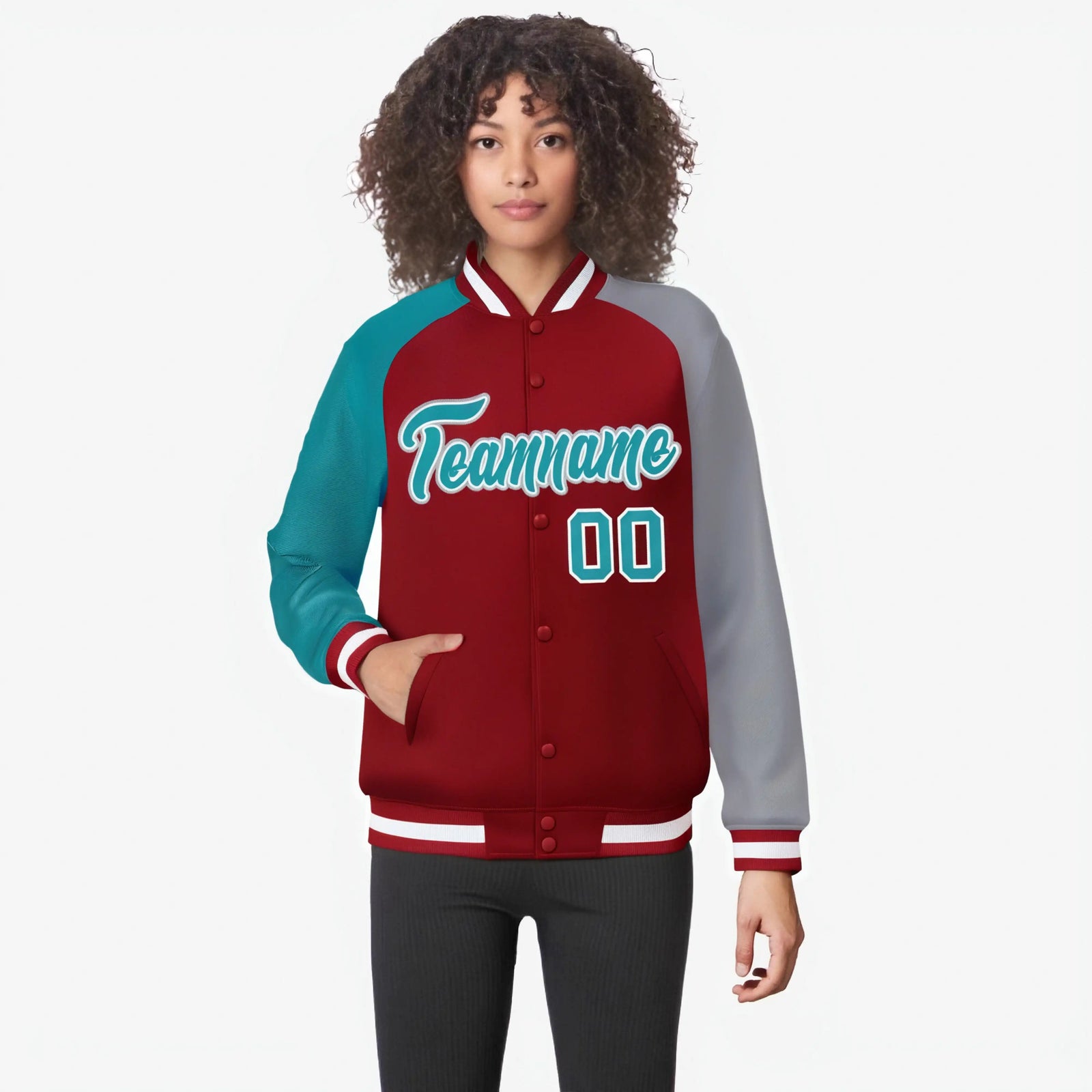 Custom Red Gray-Aqua Raglan Sleeves Varsity Full-Snap Letterman Jacket