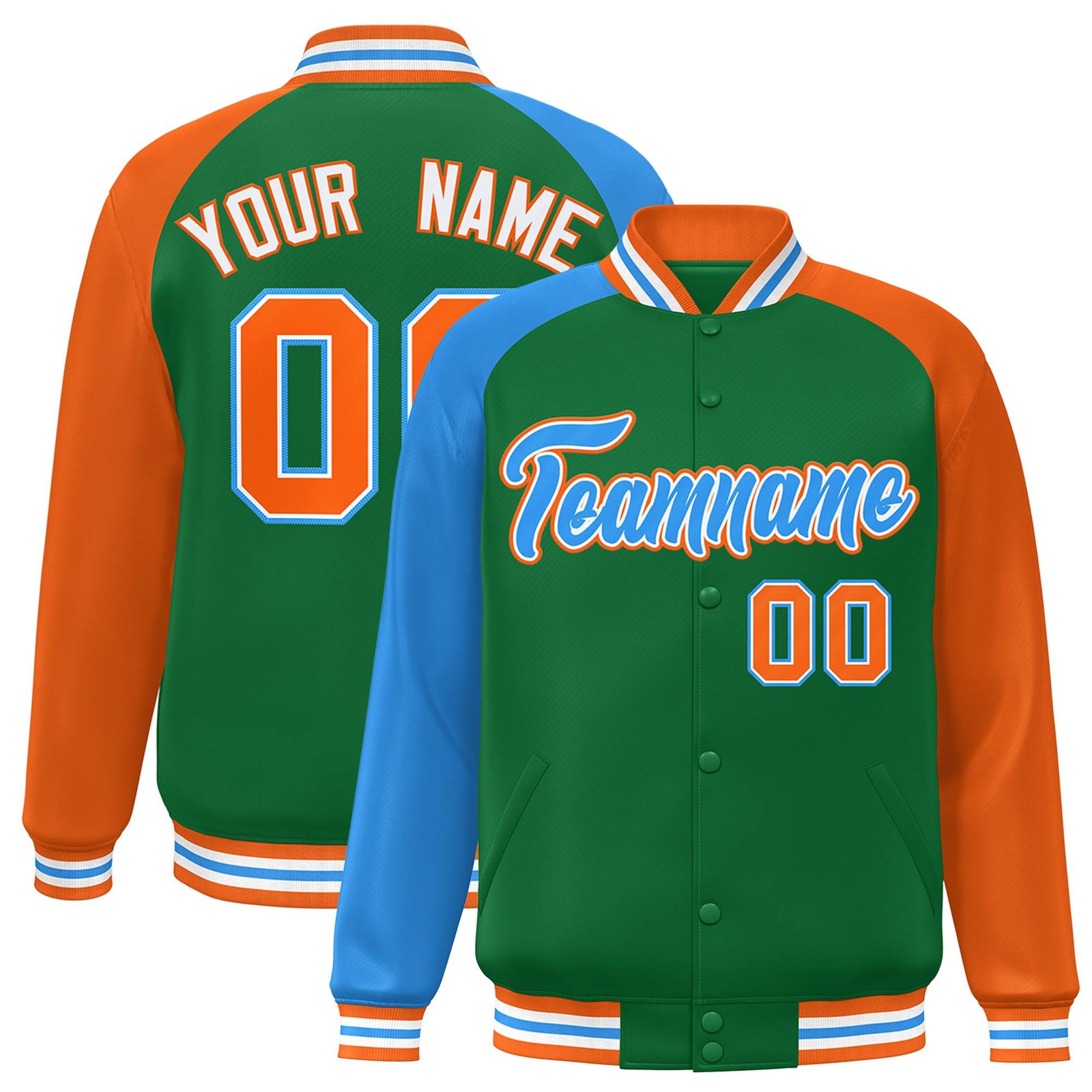 Custom Kelly Green Orange-Powder Blue Raglan Sleeves Varsity Full-Snap Letterman Jacket