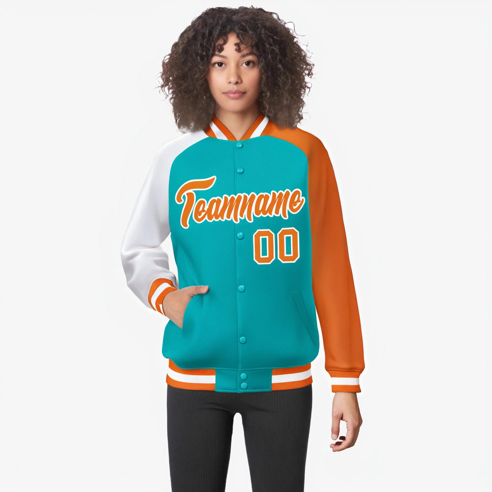 Custom Aqua Orange-White Raglan Sleeves Varsity Full-Snap Letterman Jacket