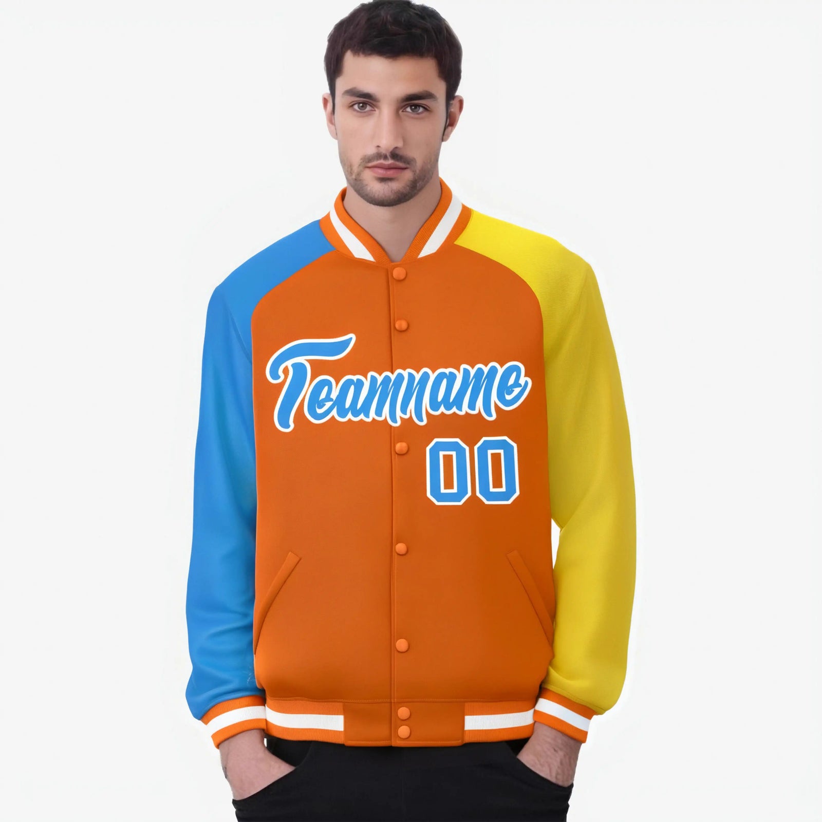 Custom Orange Gold-Powder Blue Raglan Sleeves Varsity Full-Snap Letterman Jacket