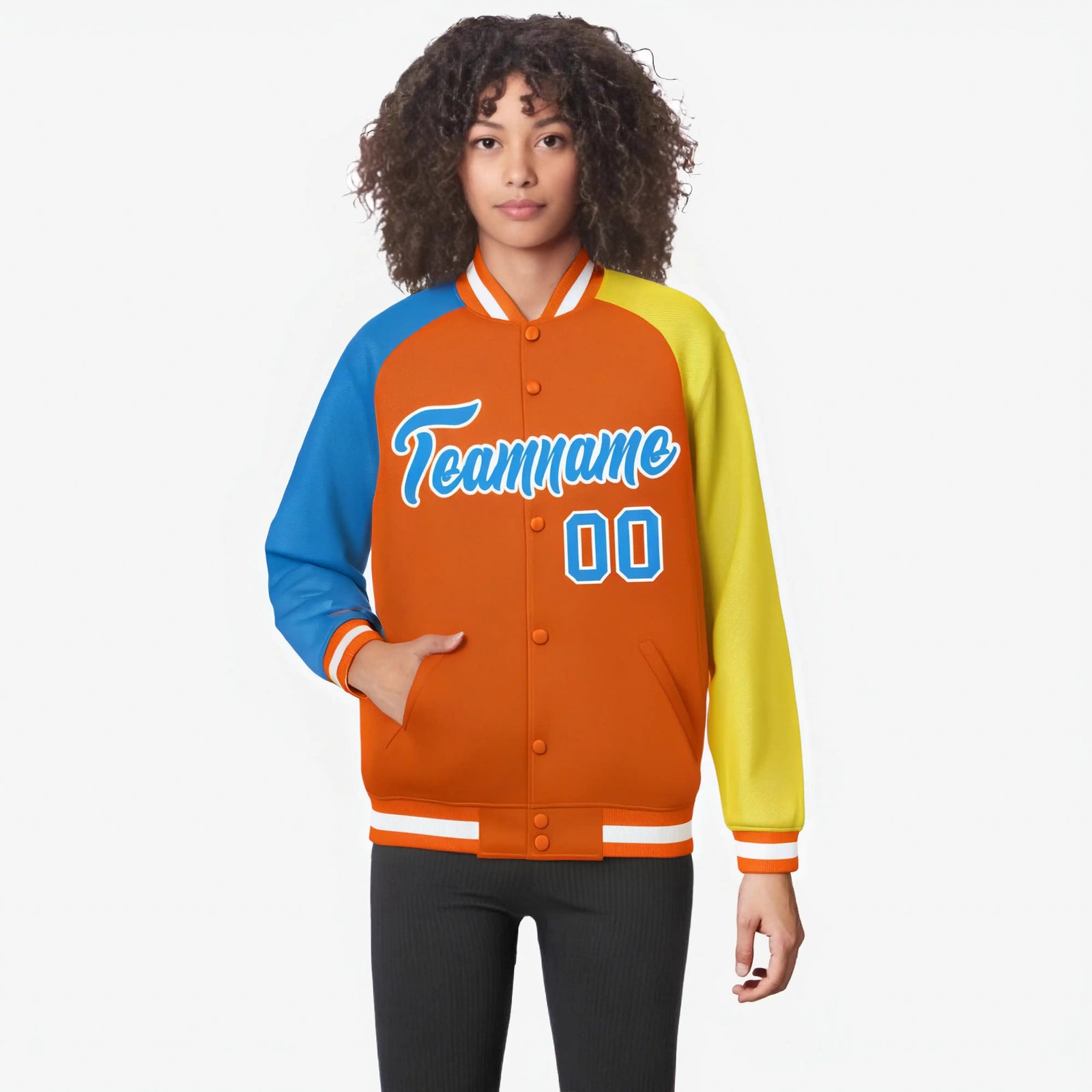 Custom Orange Gold-Powder Blue Raglan Sleeves Varsity Full-Snap Letterman Jacket