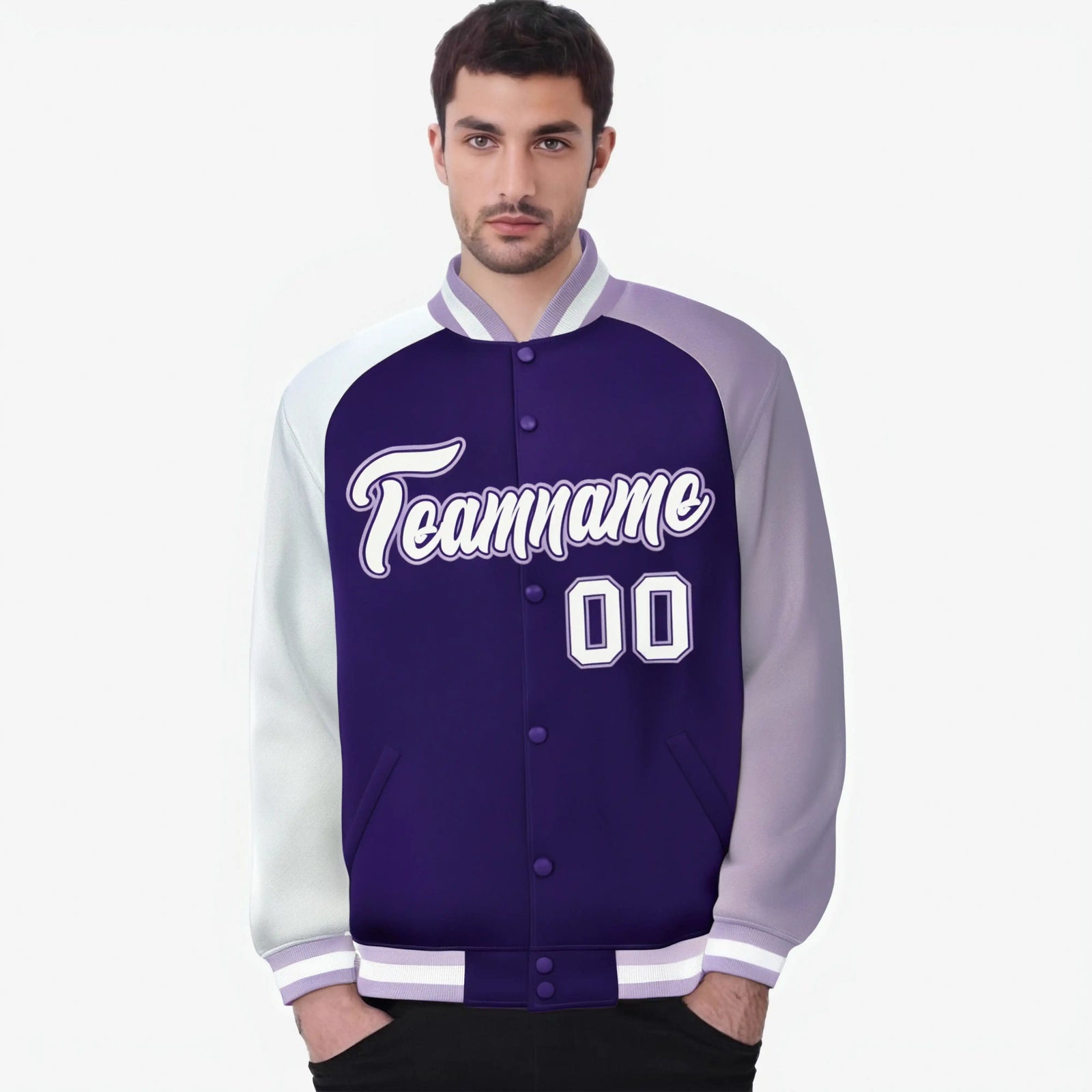 Custom Purple Light Purple-White Raglan Sleeves Varsity Full-Snap Letterman Jacket