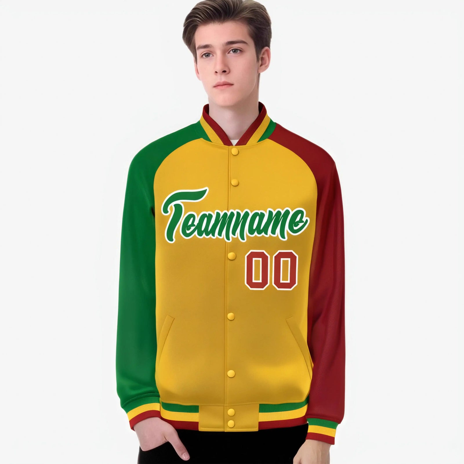 Custom Gold Red-Kelly Green Raglan Sleeves Varsity Full-Snap Letterman Jacket