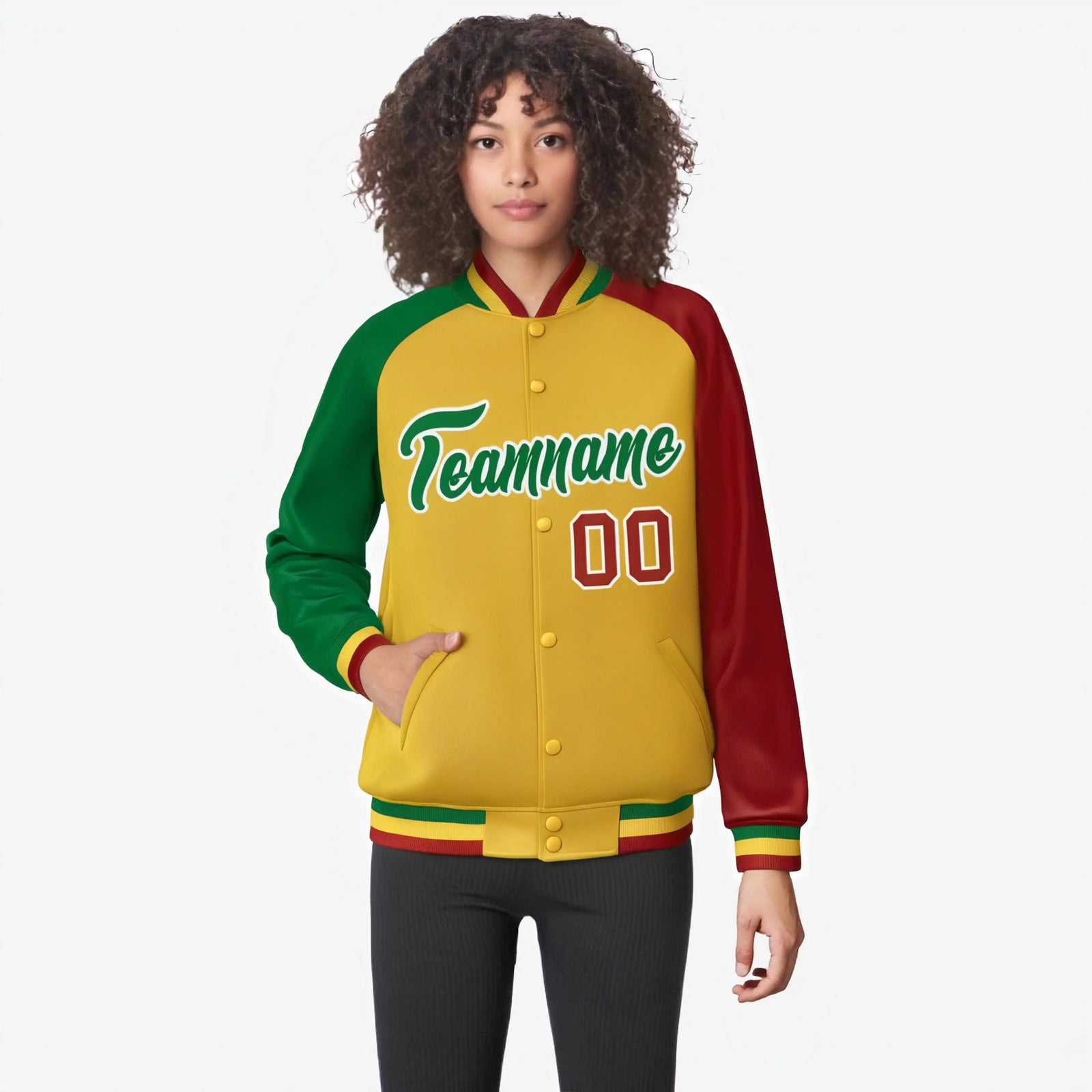 Custom Gold Red-Kelly Green Raglan Sleeves Varsity Full-Snap Letterman Jacket