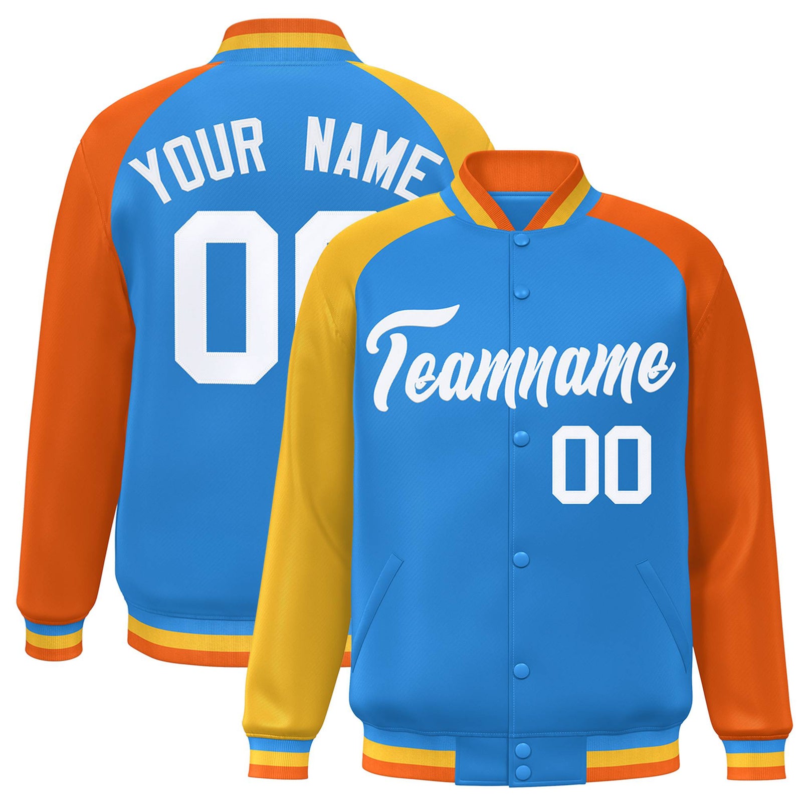 Custom Powder Blue Orange-Gold Raglan Sleeves Varsity Full-Snap Letterman Jacket