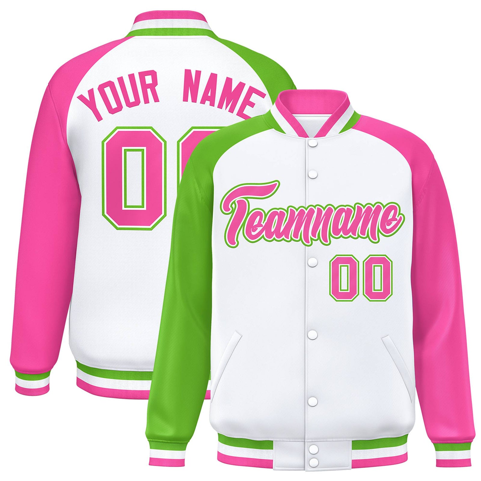 Custom White Pink-Neon Green Raglan Sleeves Varsity Full-Snap Letterman Jacket
