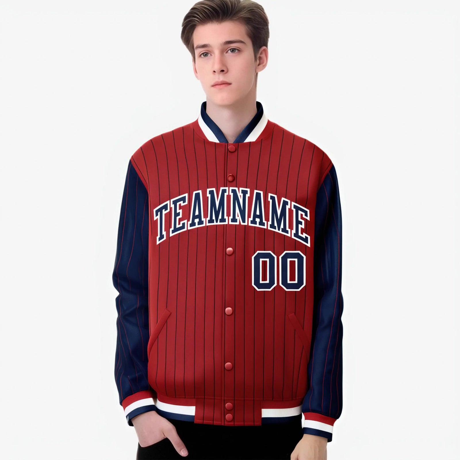 Custom Red Navy-Red Personalized Stripe Fashion Letterman Bomber Varsity Jacket