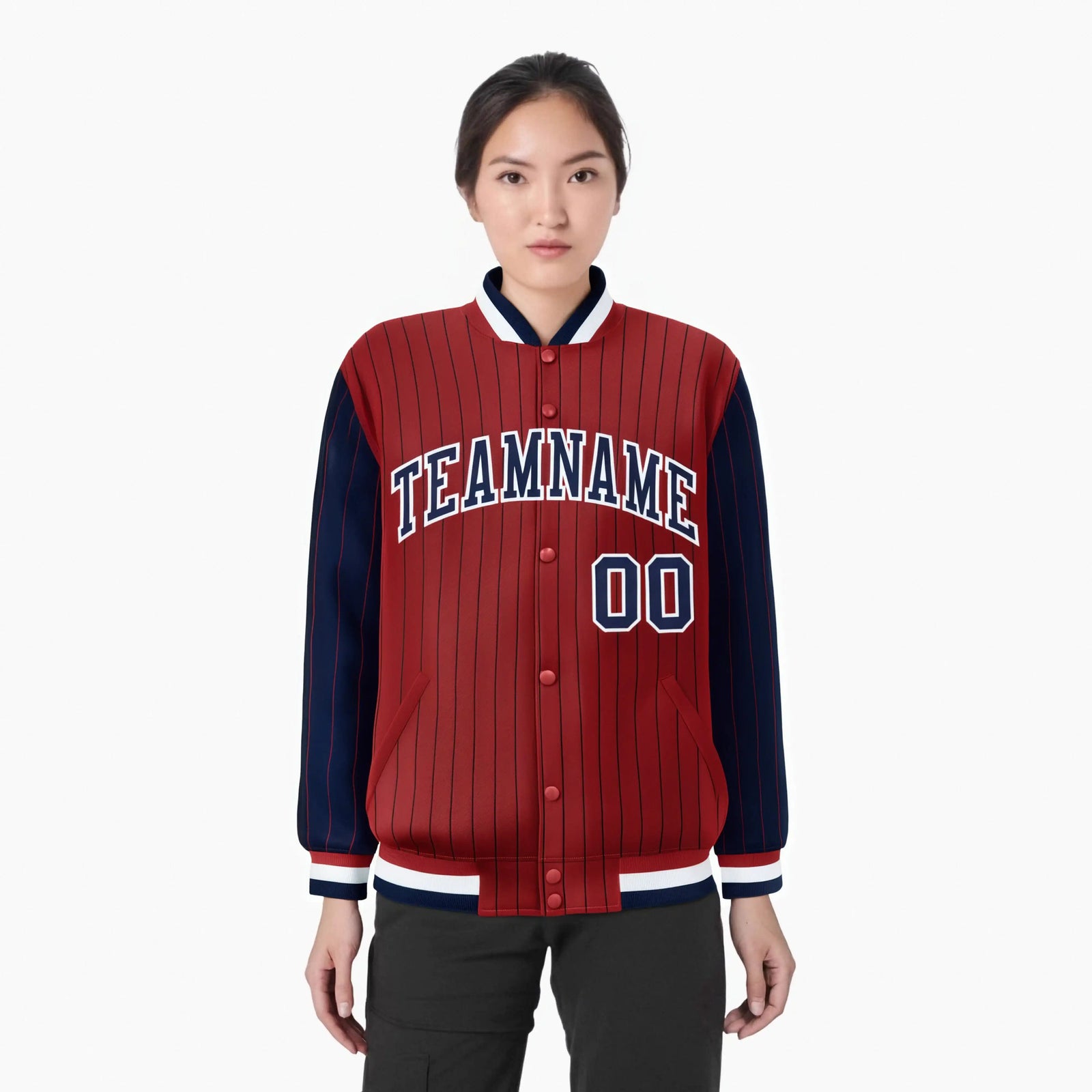 Custom Red Navy-Red Personalized Stripe Fashion Letterman Bomber Varsity Jacket