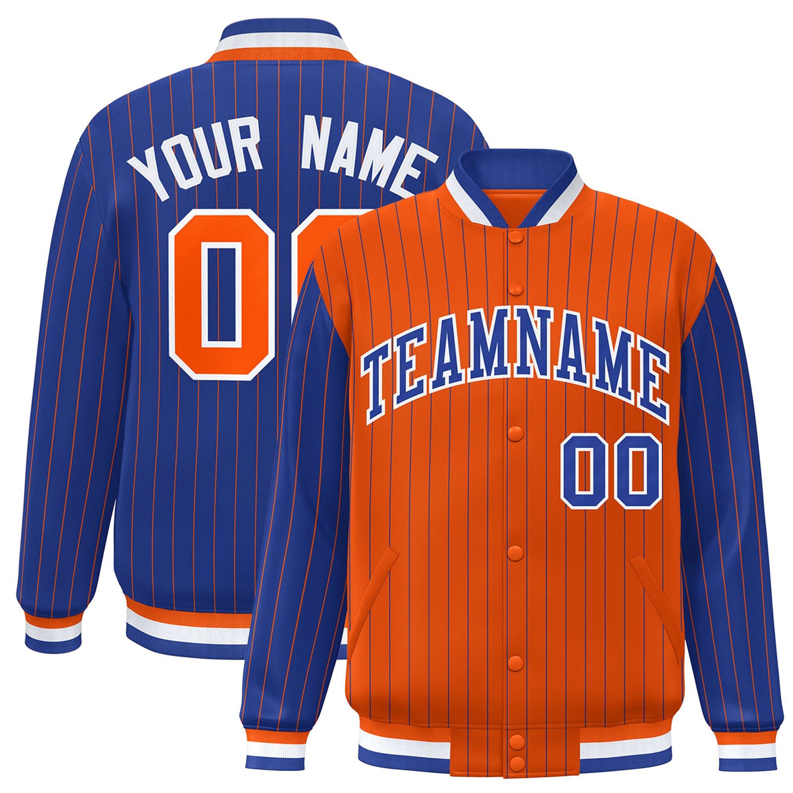 Custom Orange Royal Blue-Orange Personalized Stripe Fashion Letterman Bomber Varsity Jacket