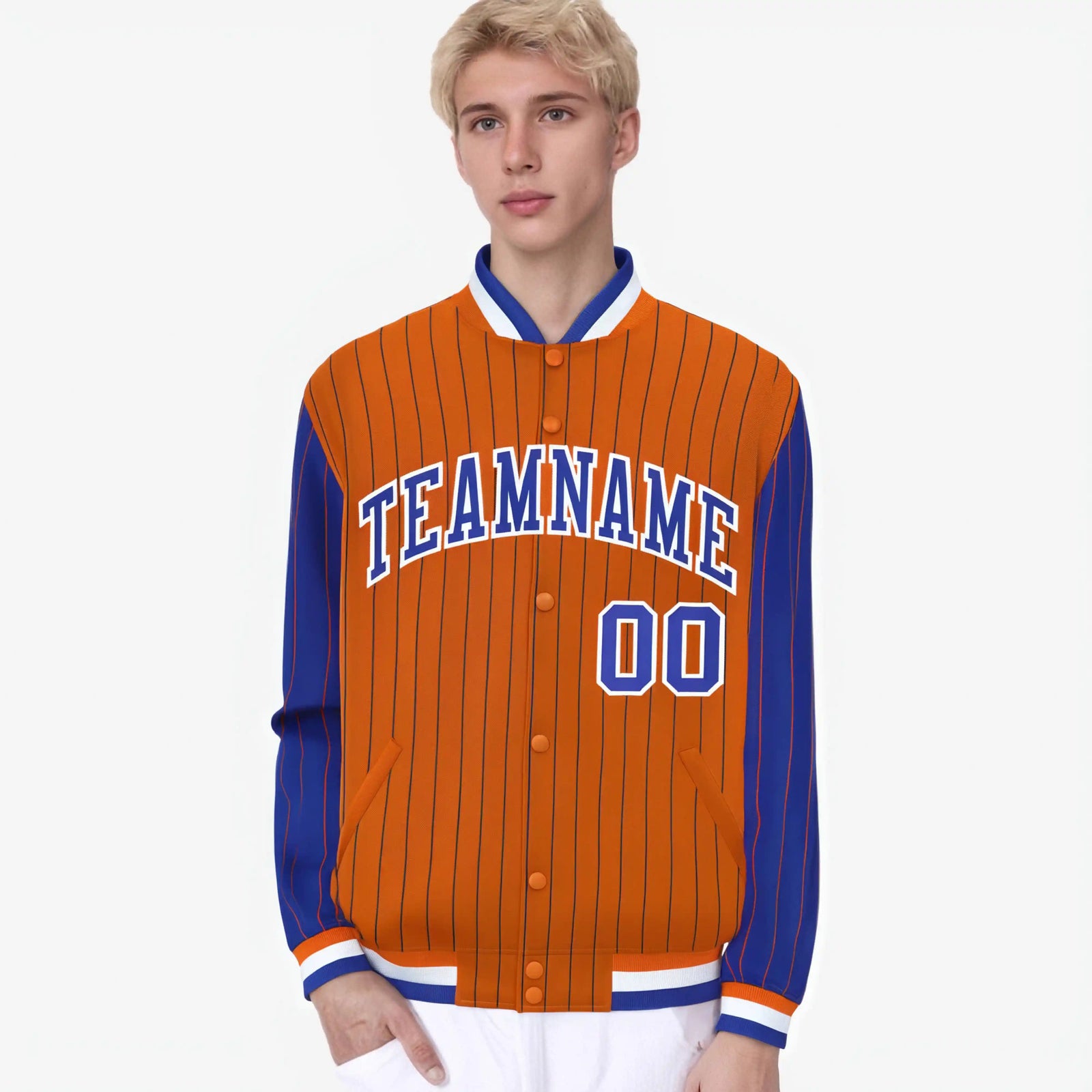 Custom Orange Royal Blue-Orange Personalized Stripe Fashion Letterman Bomber Varsity Jacket
