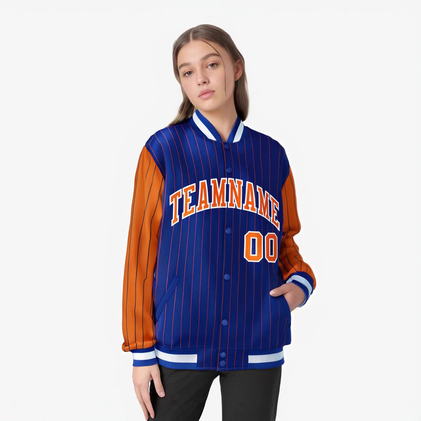 Custom Royal Blue Orange-Royal Blue Personalized Stripe Fashion Letterman Bomber Varsity Jacket