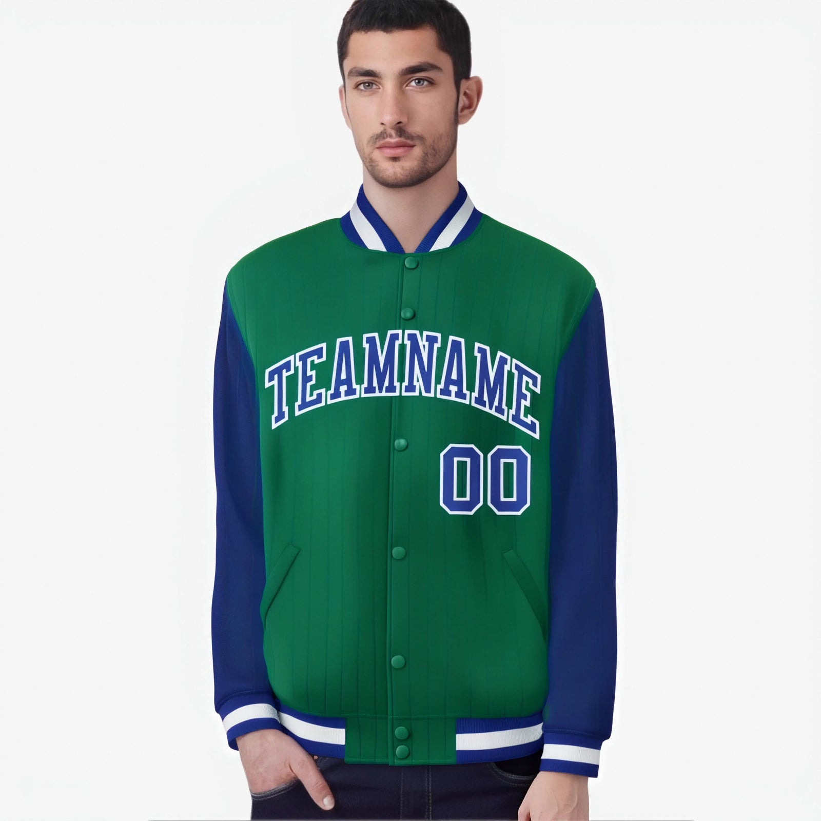 Custom Kelly Green Royal Blue-Kelly Green Personalized Stripe Fashion Letterman Bomber Varsity Jacket